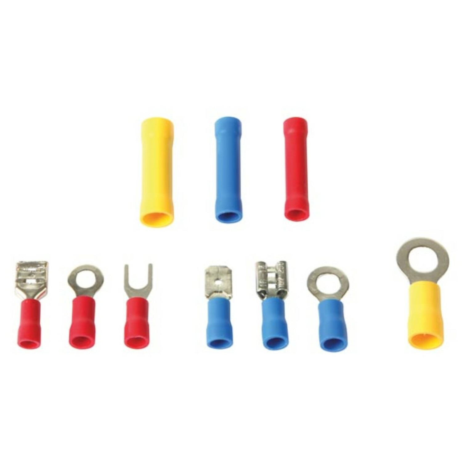 Divers connecteurs à sertir électriques en jaune, bleu et rouge, y compris des connecteurs à anneau, à fourche et bout à bout, sur fond blanc.