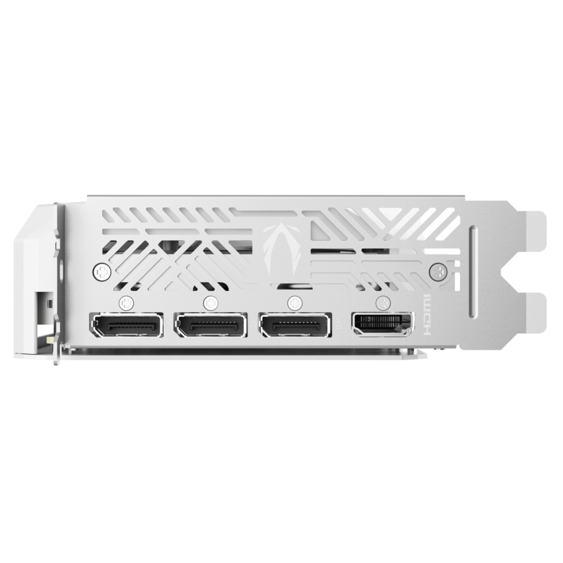 Weiße und silberne Grafikkarte. Sie hat mehrere Anschlüsse: HDMI, DisplayPort. Die Karte hat einen Lüfter und eine Metallrückplatte.
