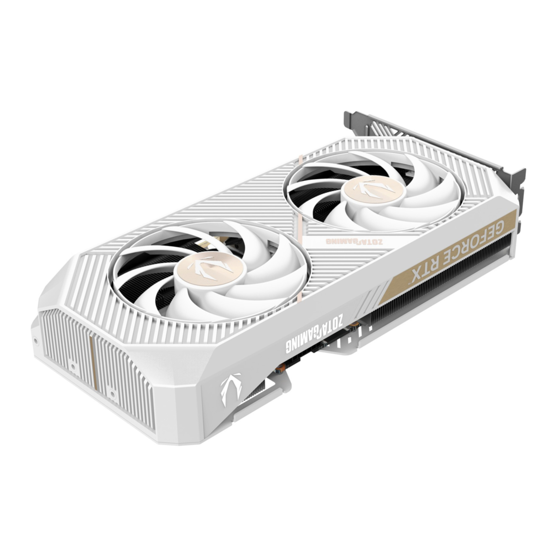 Eine weiße Zotac GeForce RTX Grafikkarte. Zwei Lüfter sind sichtbar. Der Hintergrund ist weiß.