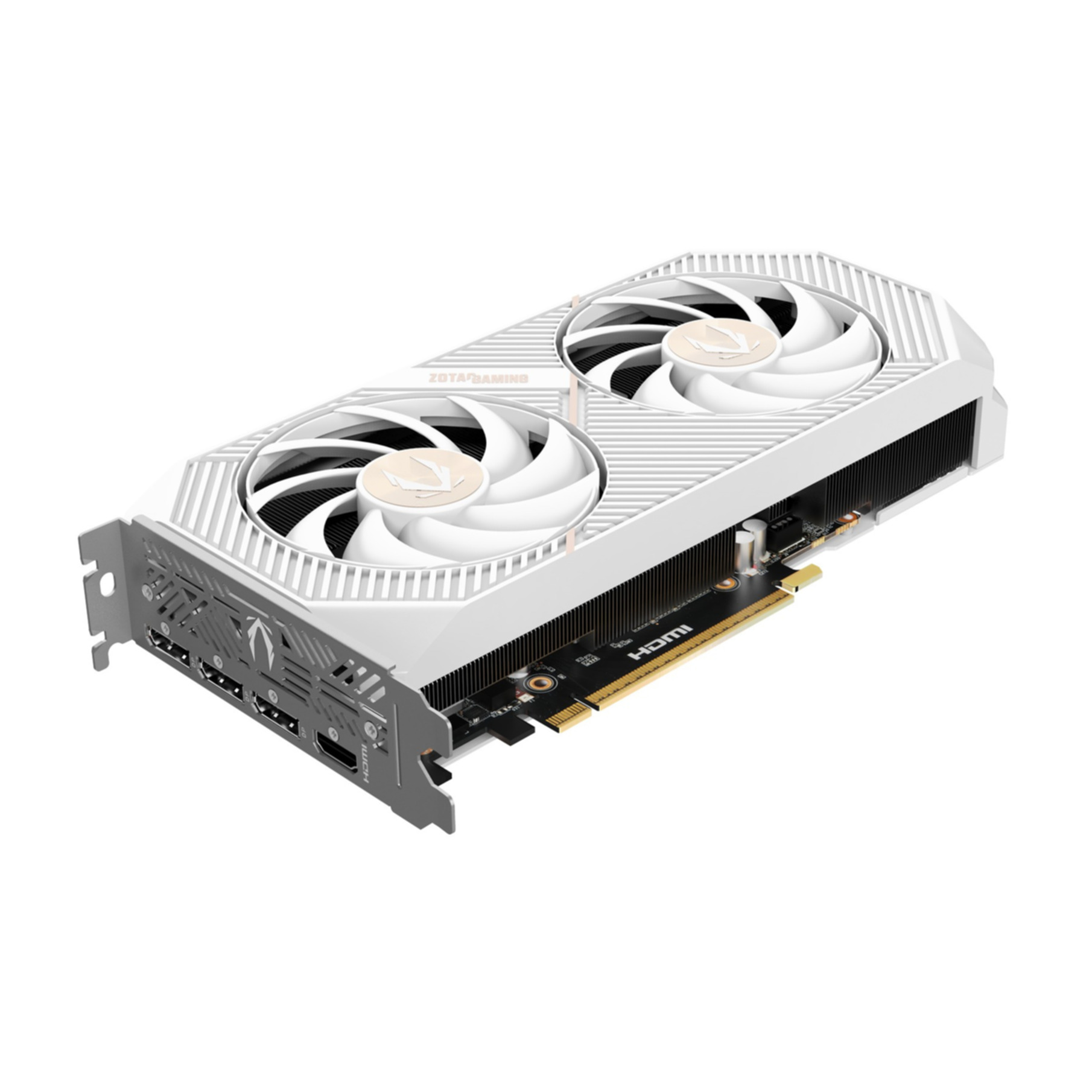 Eine weiße ZOTAC-Gaming-Grafikkarte. Sie hat zwei Lüfter, eine schwarze Backplate und verschiedene Anschlüsse.