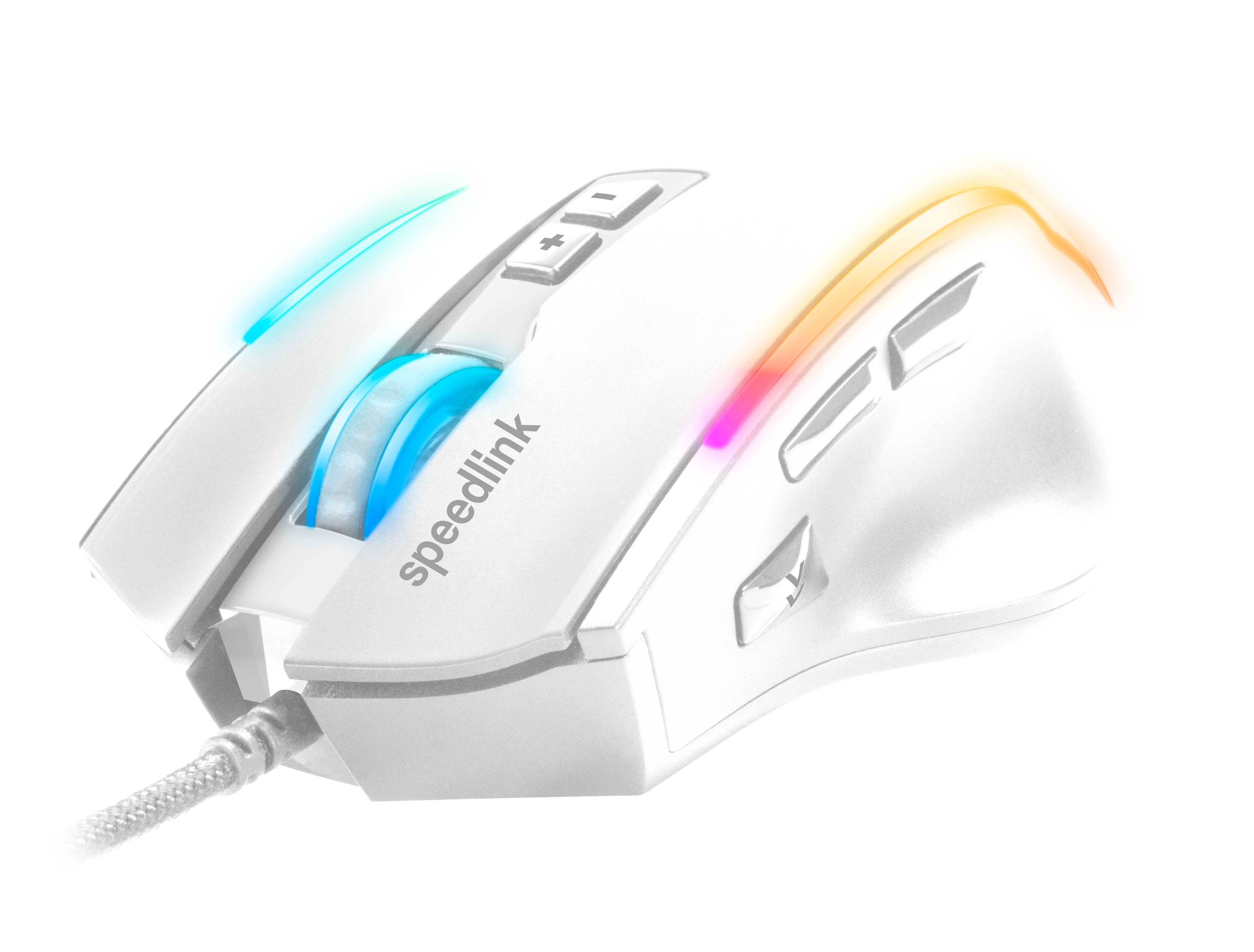 Weiße Gaming-Maus mit blauen und orangefarbenen LED-Akzenten. Verfügt über ein Scrollrad und Tasten. Das Kabel ist grau.