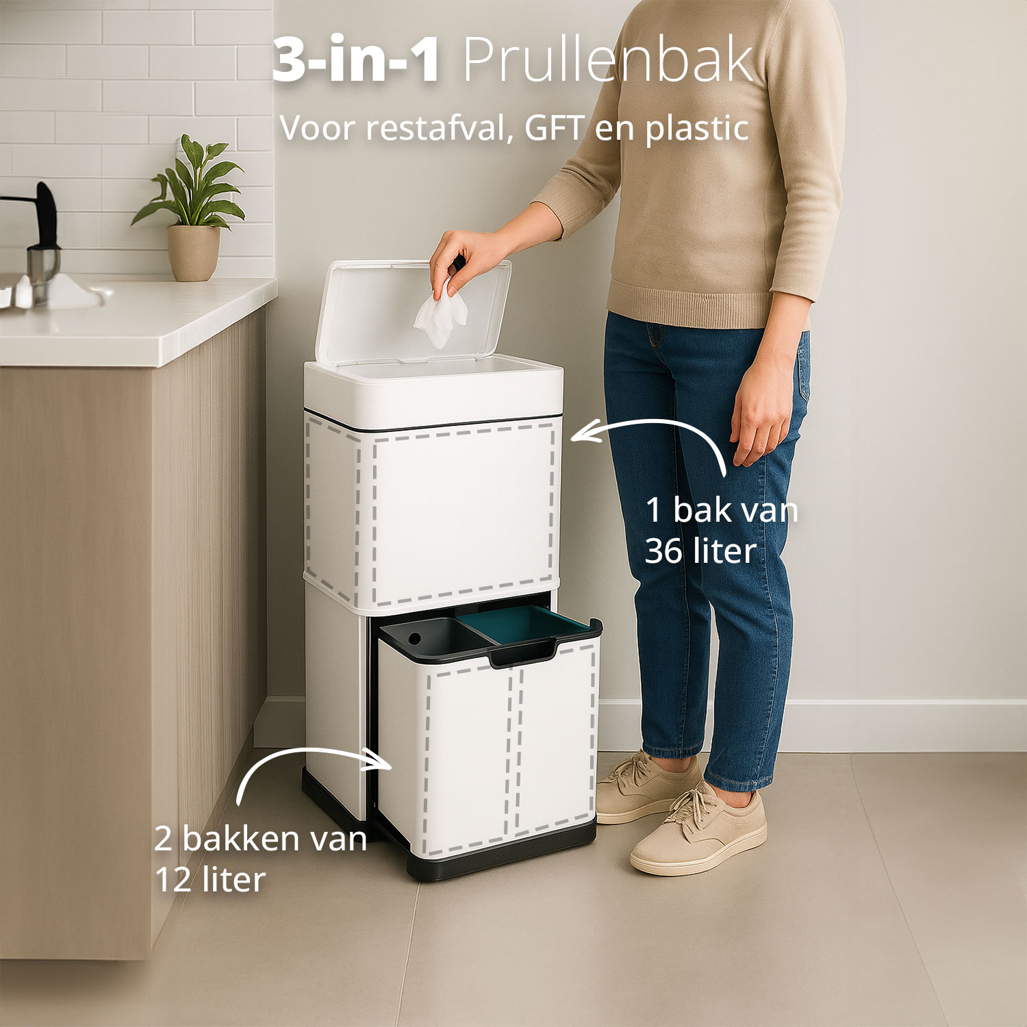A woman puts a tissue in a white 3-in-1 trash can. The can has three compartments for waste separation. Text indicates capacity.