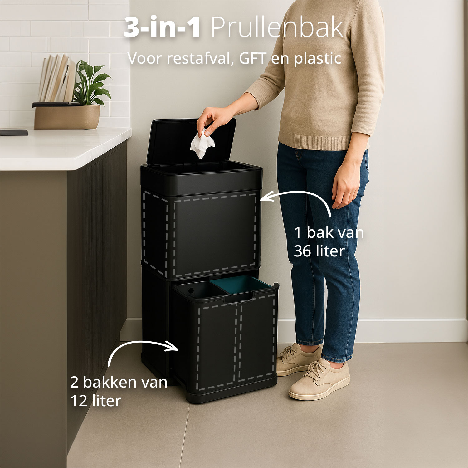 A woman throws a tissue into a 3-in-1 black trash bin. The bin has three compartments for waste separation, with text labels.