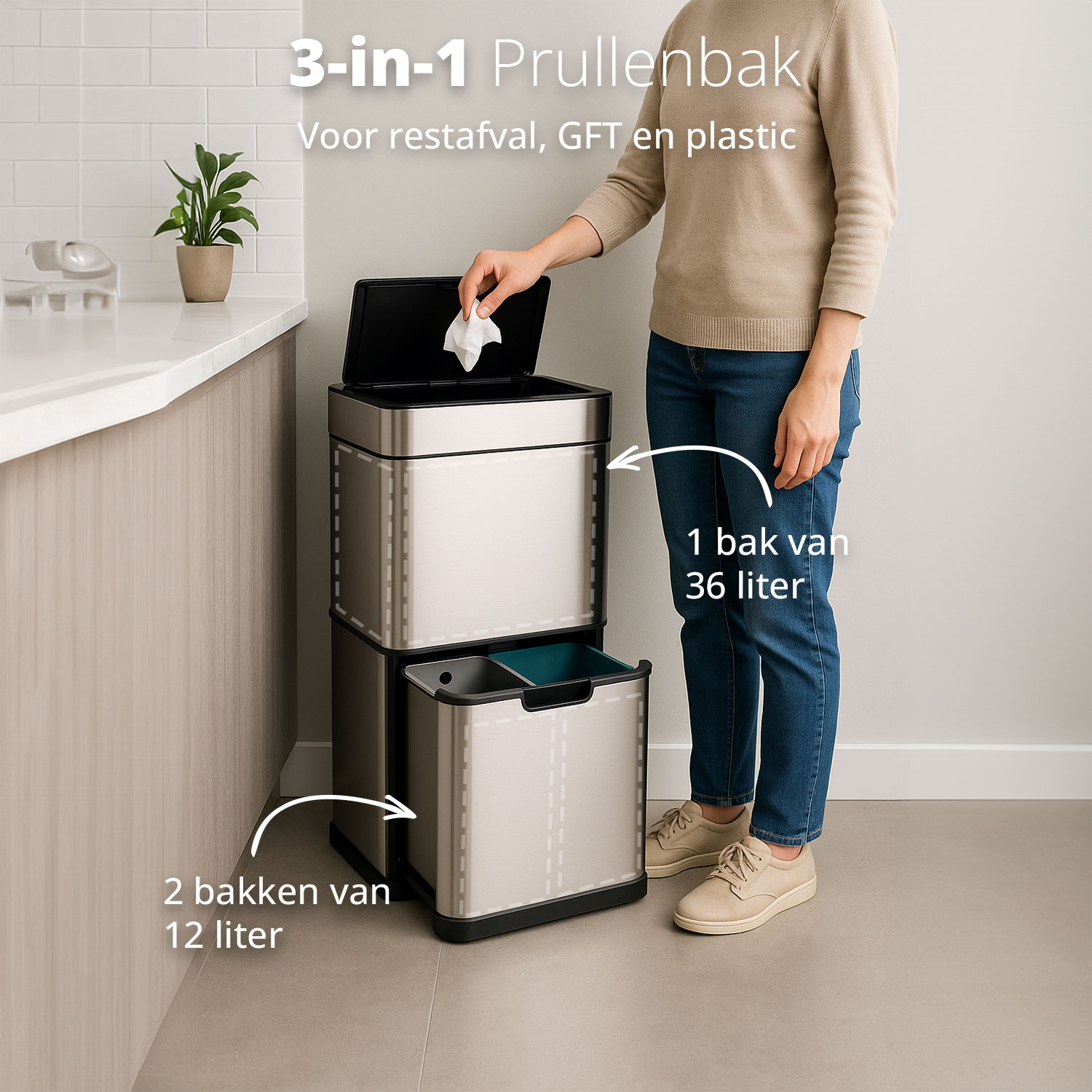A woman is putting a tissue in a 3-in-1 trash can. The trash can has 3 compartments for different types of waste.