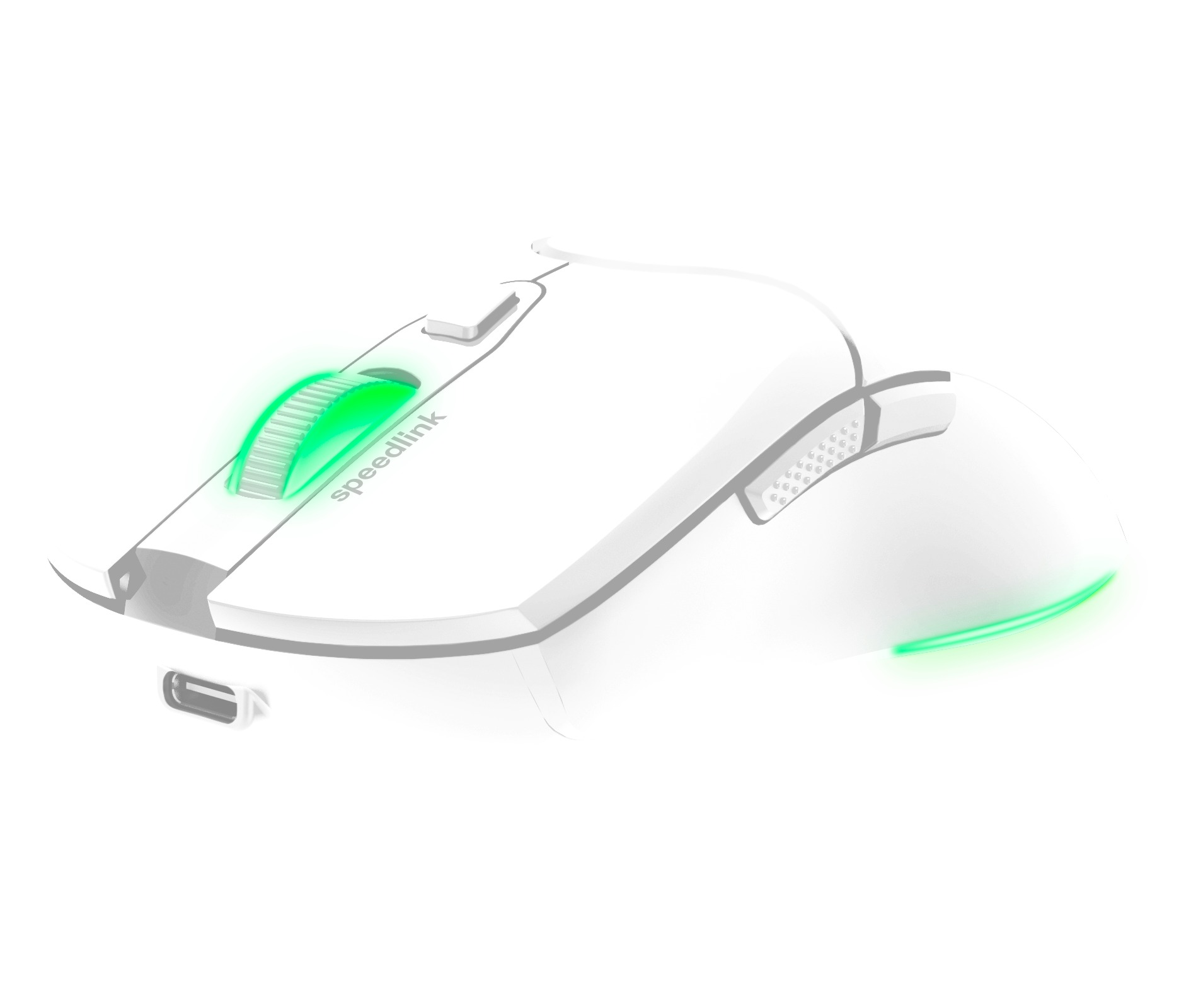 Eine weiße Speedlink-Gaming-Maus mit grün leuchtendem Scrollrad und Sockel. Die Maus hat einen USB-C-Anschluss.