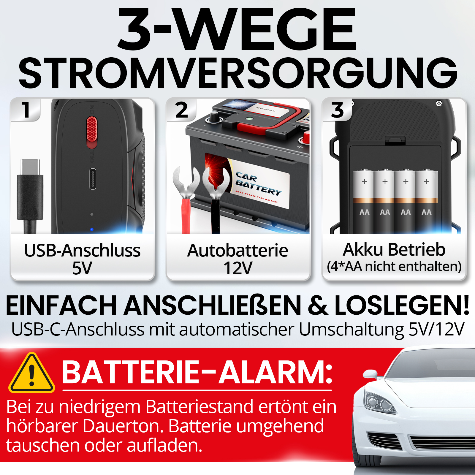 Das Bild zeigt ein Ladegerät mit drei Stromversorgungsoptionen: USB, Autobatterie und Batterie.