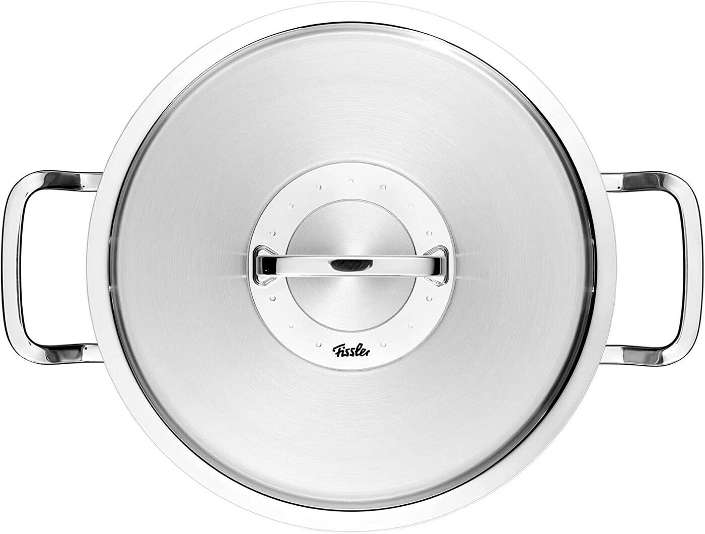 Garnek ze stali nierdzewnej z pokrywką. Pokrywka ma uchwyt, a garnek dwa uchwyty boczne. Widoczna jest marka "Fissler".