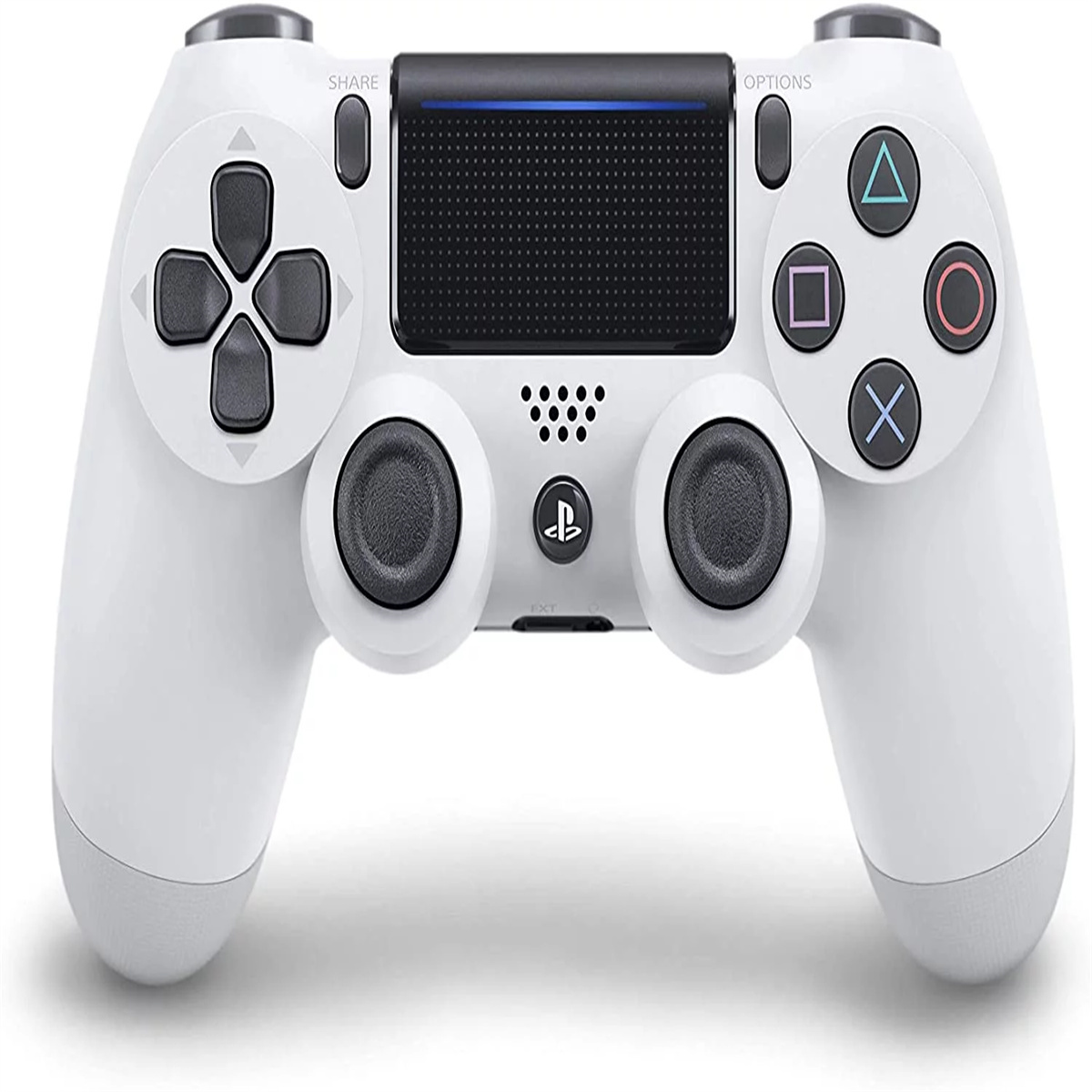 Ein weißer PlayStation 4-Controller mit schwarzen Knöpfen und einem Touchpad. Hat ein Steuerkreuz, Aktionstasten und Analogsticks.