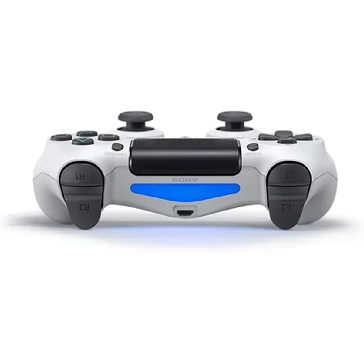 Ein weißer PlayStation 4-Controller mit schwarzen Knöpfen und blauem Licht. Das Sony-Logo ist sichtbar.