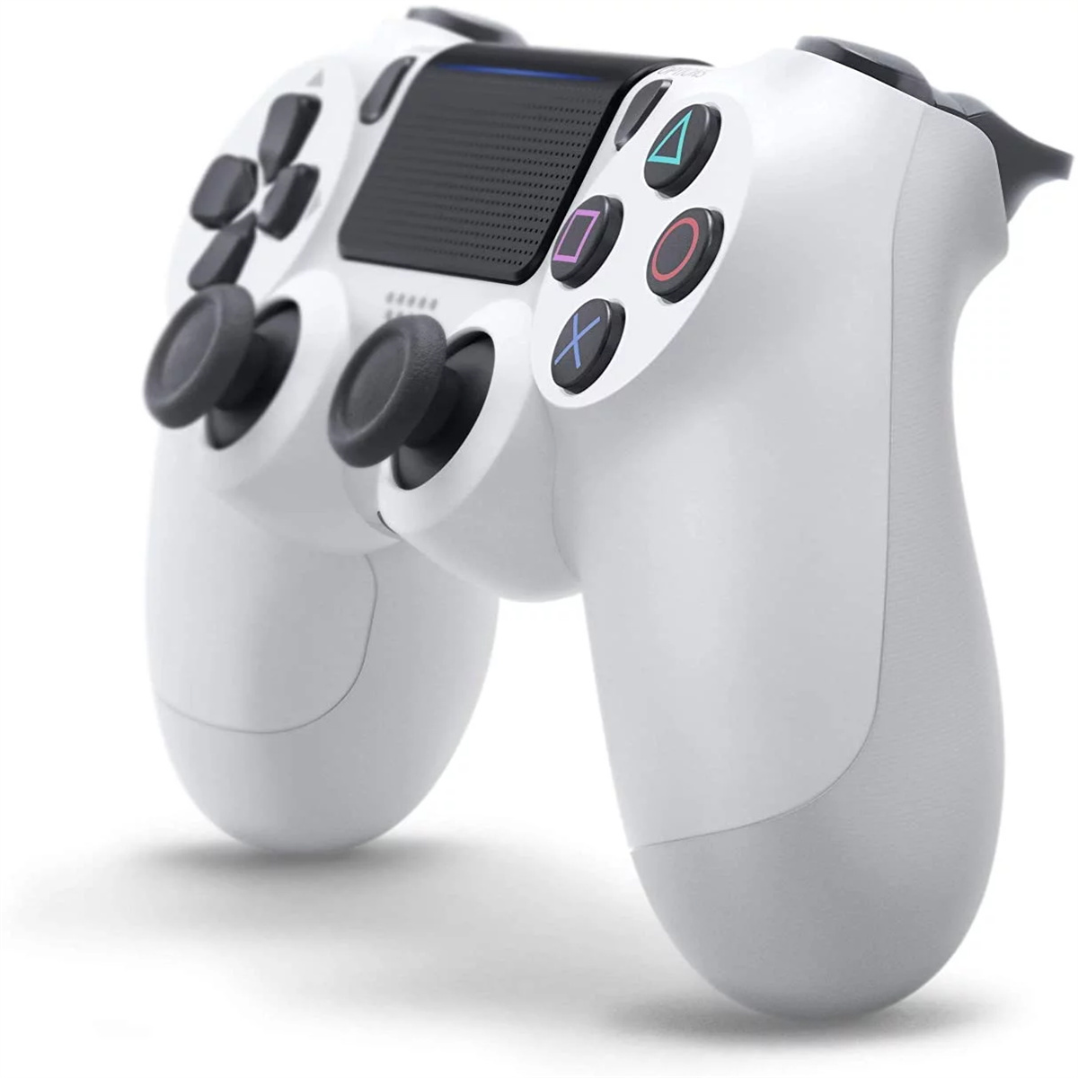 Ein weißer PlayStation 4-Controller mit schwarzen Knöpfen und einem Touchpad. Der Controller befindet sich auf weißem Hintergrund.