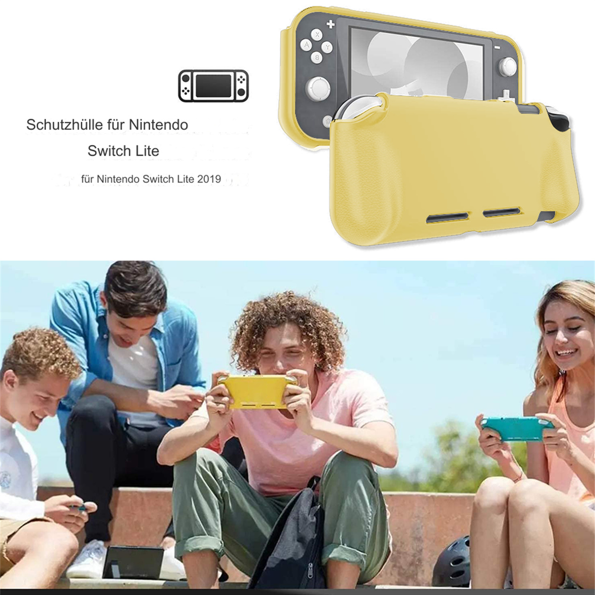 Das Bild zeigt eine gelbe Nintendo Switch Lite und Leute, die das Spiel spielen. Eine Schutzhülle ist ebenfalls zu sehen.
