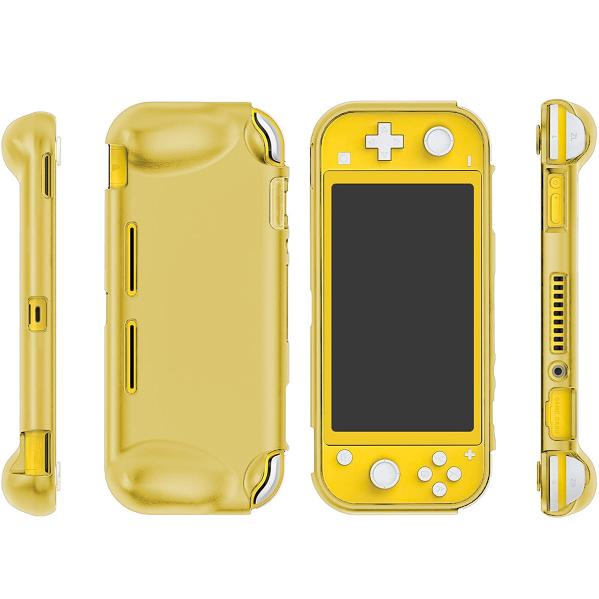 Ein gelbes Nintendo Switch Lite mit Schutzhülle. Die Hülle ist ebenfalls gelb. Mehrere Winkel zeigen Gerät und Hülle.
