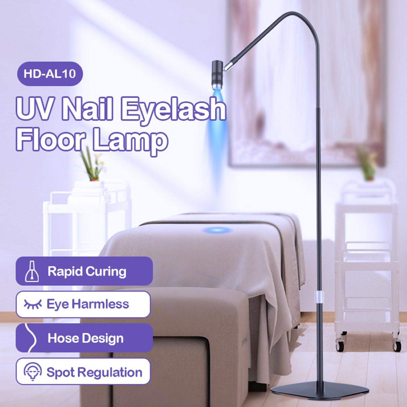 Eine UV-Nagel- und Wimpern-Stehlampe. Sie befindet sich über einer Massageliege. Zu den Merkmalen gehören schnelles Aushärten, augenfreundlich, Schlauchdesign und Punktregulierung.