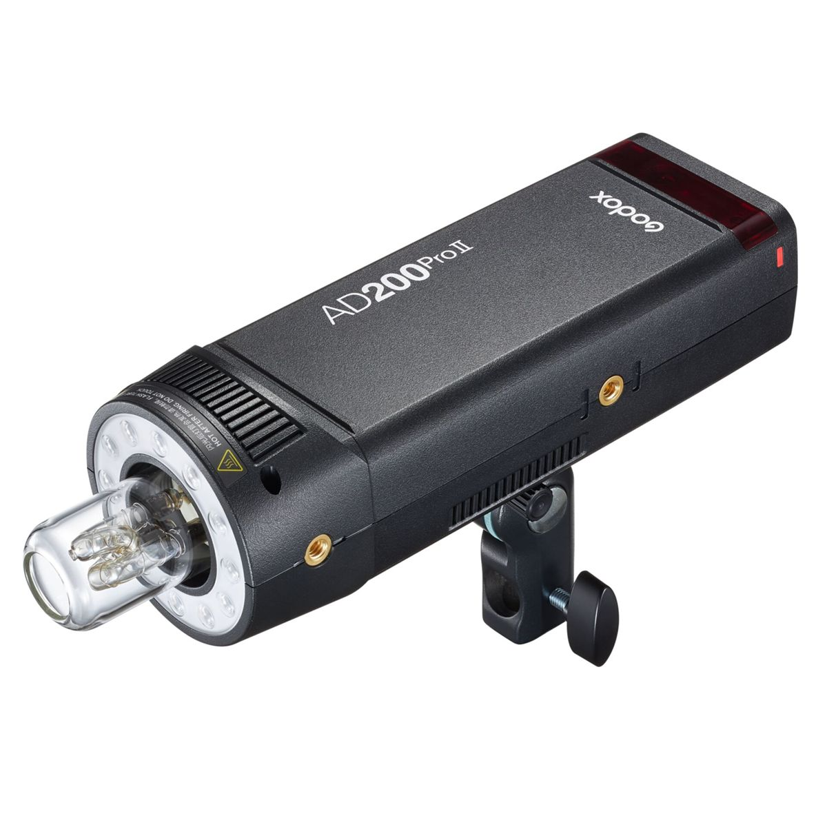 A black Godox AD200ProII studio flash. It has a clear glass bulb, a ring of lights, and a mounting bracket. The top has a red panel.