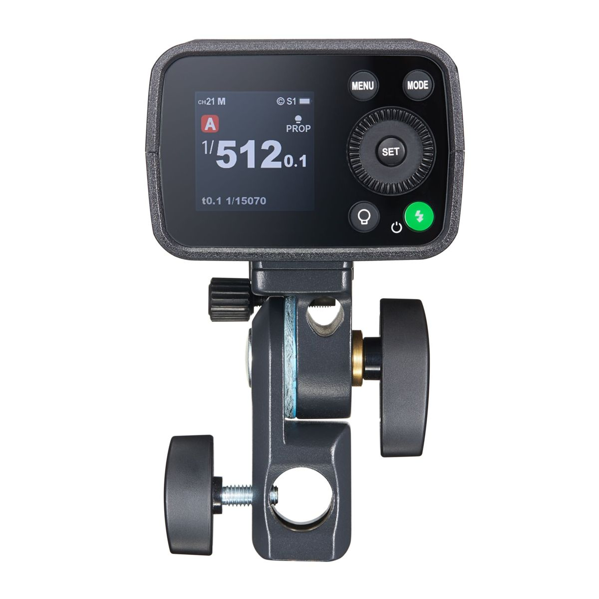 A black photography device, with a display showing numbers. It has buttons and a knob. The device is on a stand.
