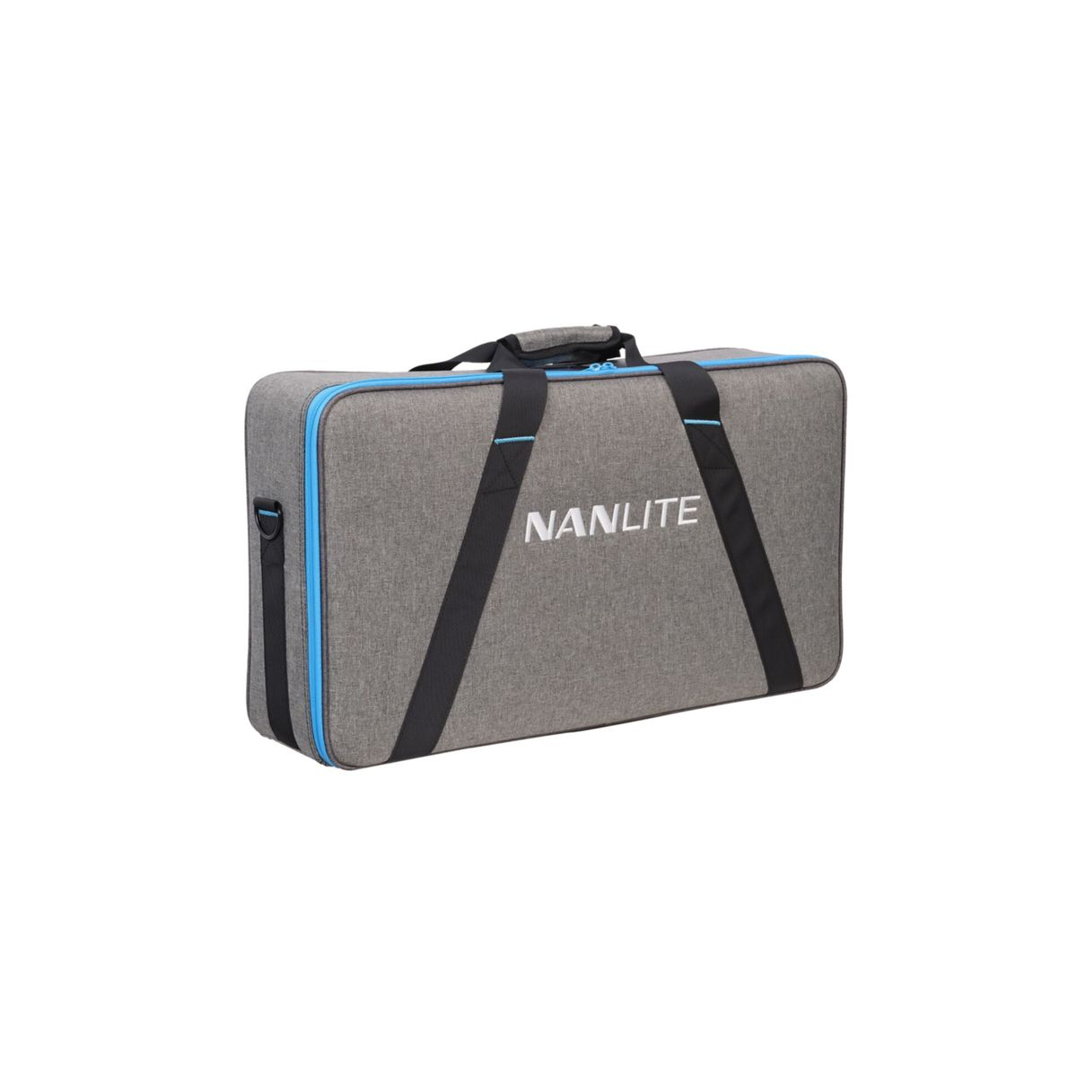 Una borsa da trasporto Nanlite grigia con cinghie nere e dettagli blu. Ha una maniglia in alto e un attacco per tracolla.