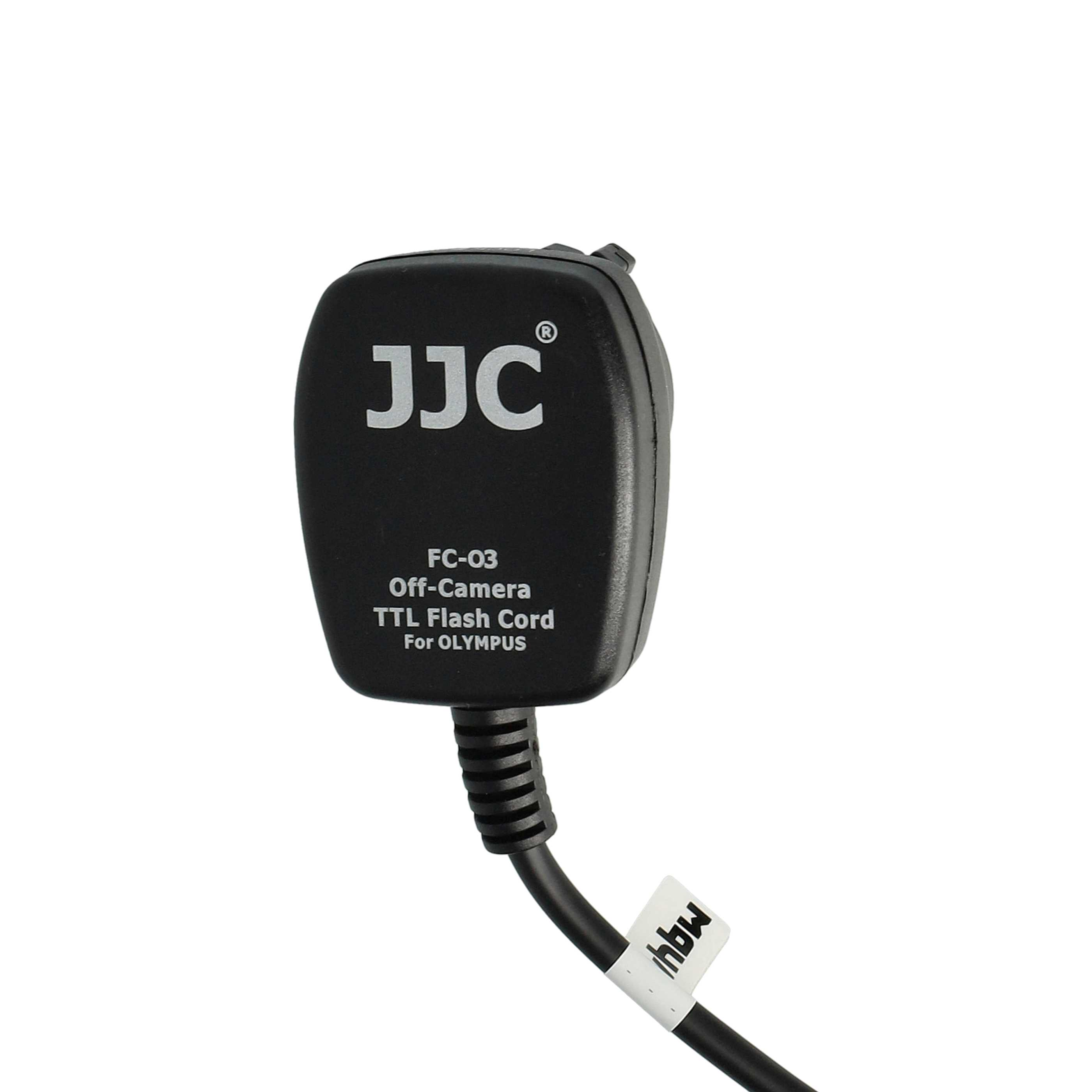 Schwarzes JJC Off-Camera-TTL-Blitzkabel für Olympus. Es hat ein schwarzes Gehäuse, Kabel und weißes Etikett.