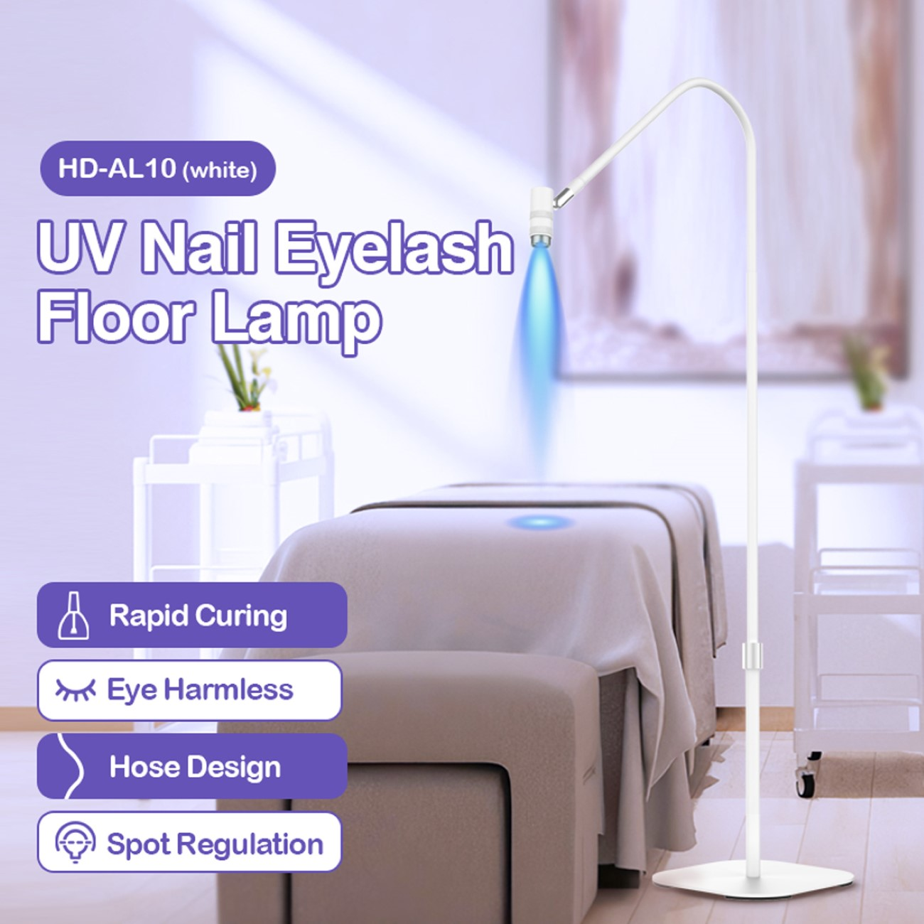Weiße Stehlampe mit blauem UV-Licht über einer Massageliege. Text wirbt für Funktionen: Schnelles Aushärten, Augenschonend, Schlauchdesign, Spot-Regulierung.