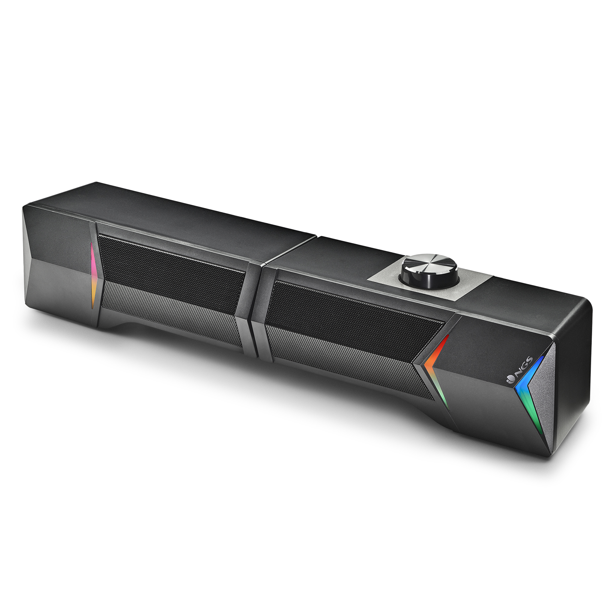Una barra de sonido negra con rejillas de malla, una perilla de volumen y luces RGB en los extremos. Sobre fondo blanco.