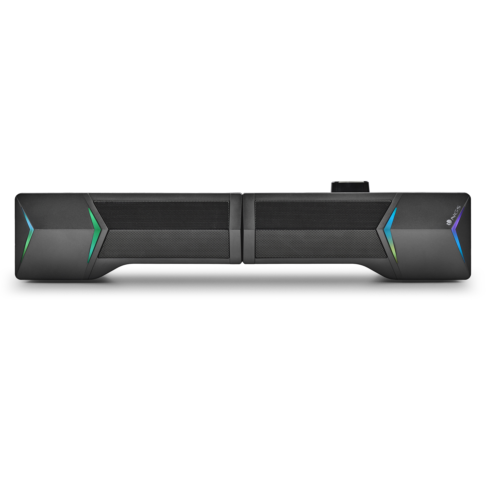 Una barra de sonido negra con cubiertas de malla para altavoces y luces de colores en los extremos. Fondo blanco.