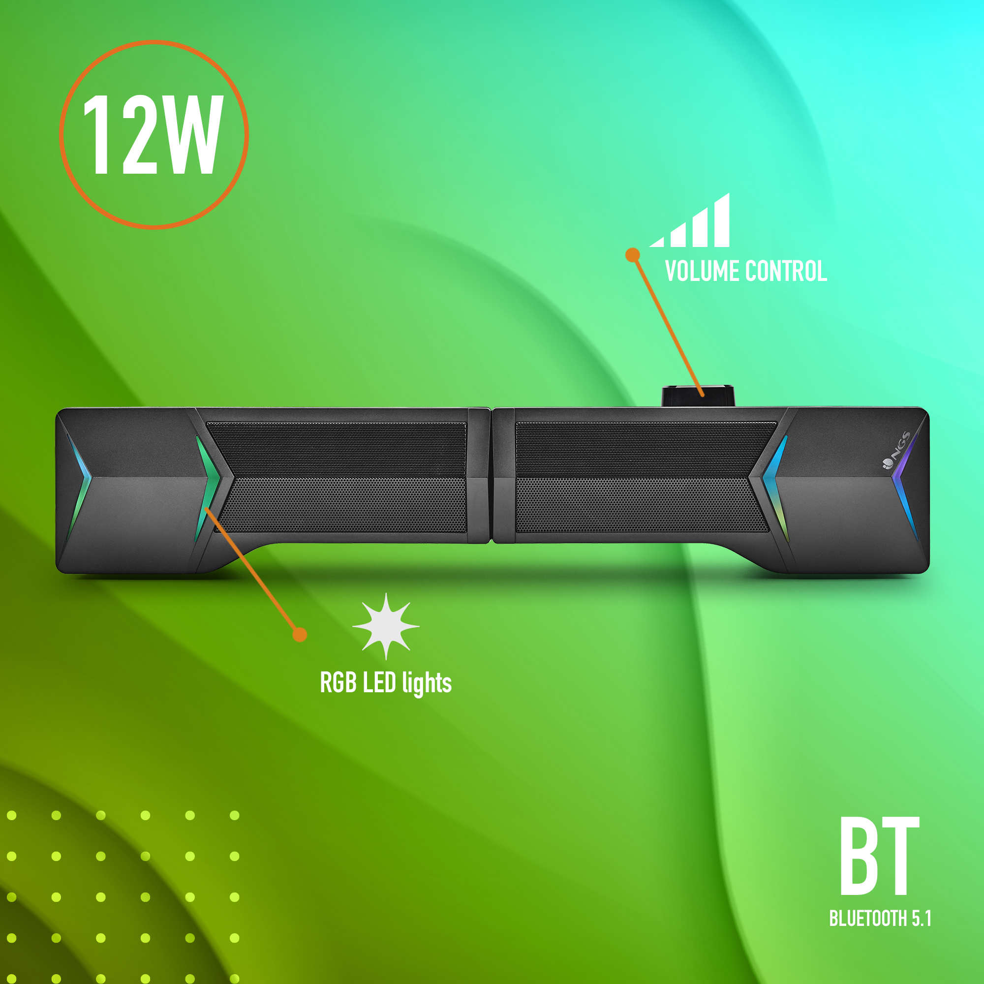 Barra de sonido negra con luces RGB y control de volumen. Cuenta con 12W y Bluetooth 5.1. Fondo degradado verde.