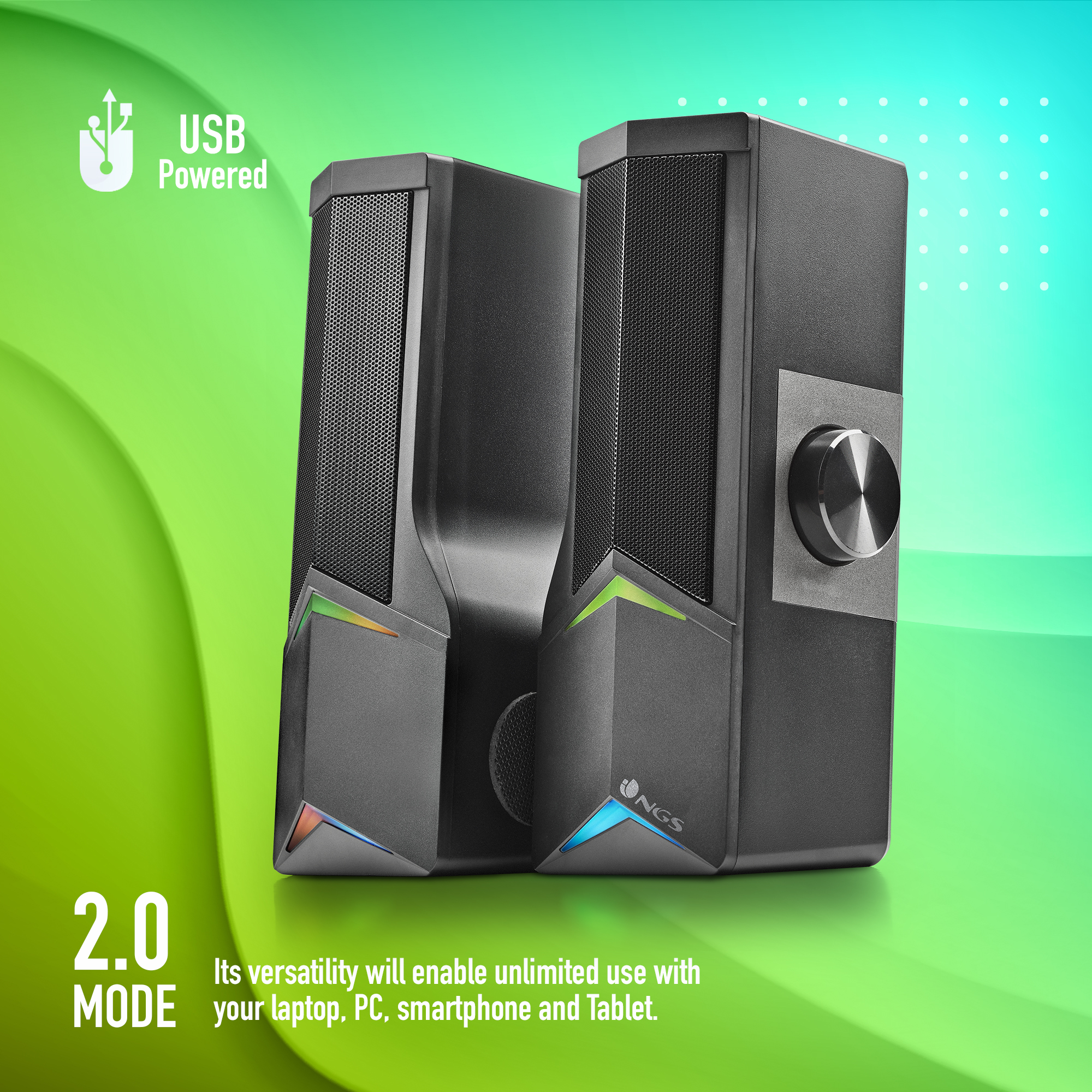 Dos altavoces negros con acentos LED de colores sobre fondo verde degradado, USB, modo 2.0.