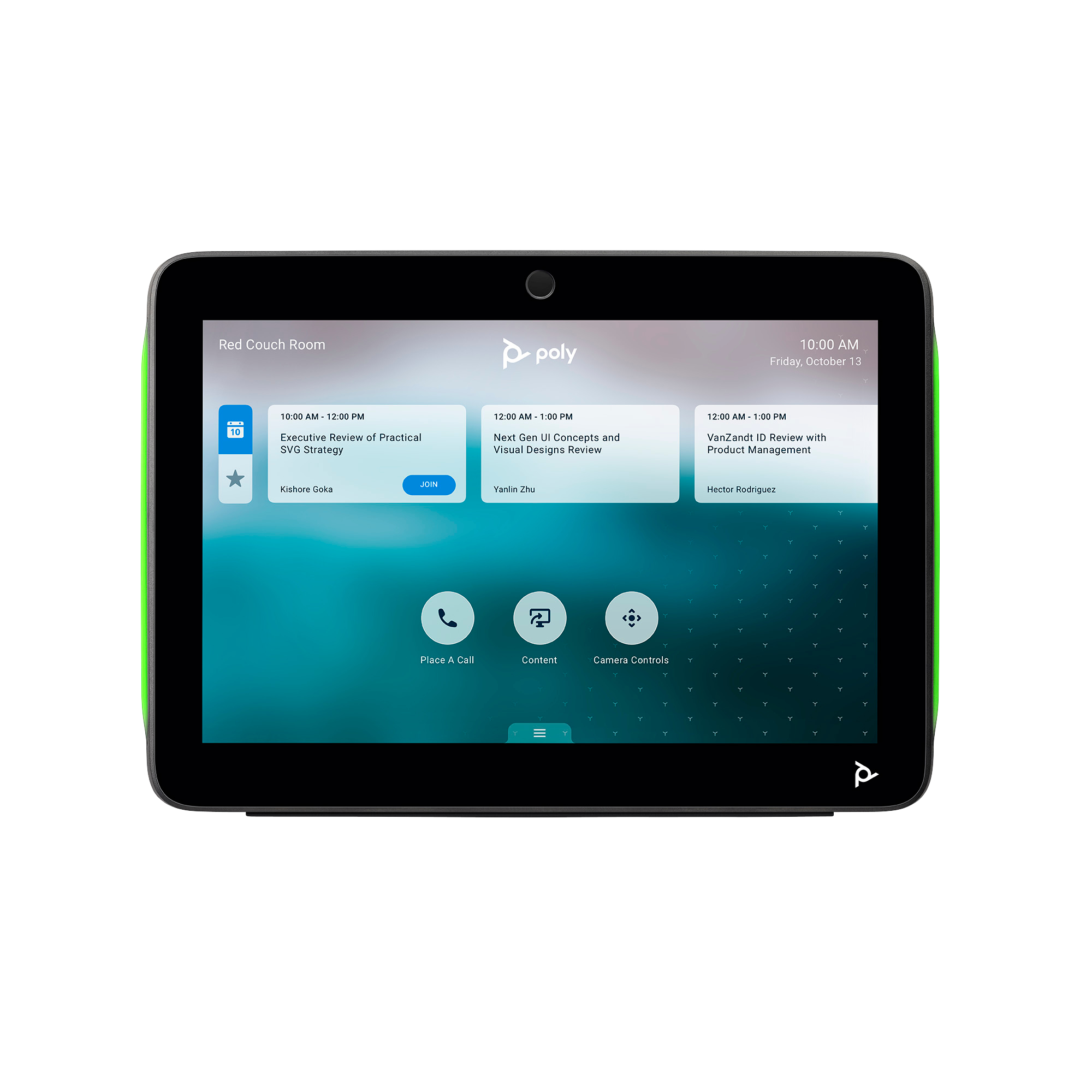 Ein Tablet zeigt eine Meeting-Oberfläche an. Es hat einen grünen Rahmen und zeigt Meeting-Details sowie Optionen für Anrufe und Inhalte.
