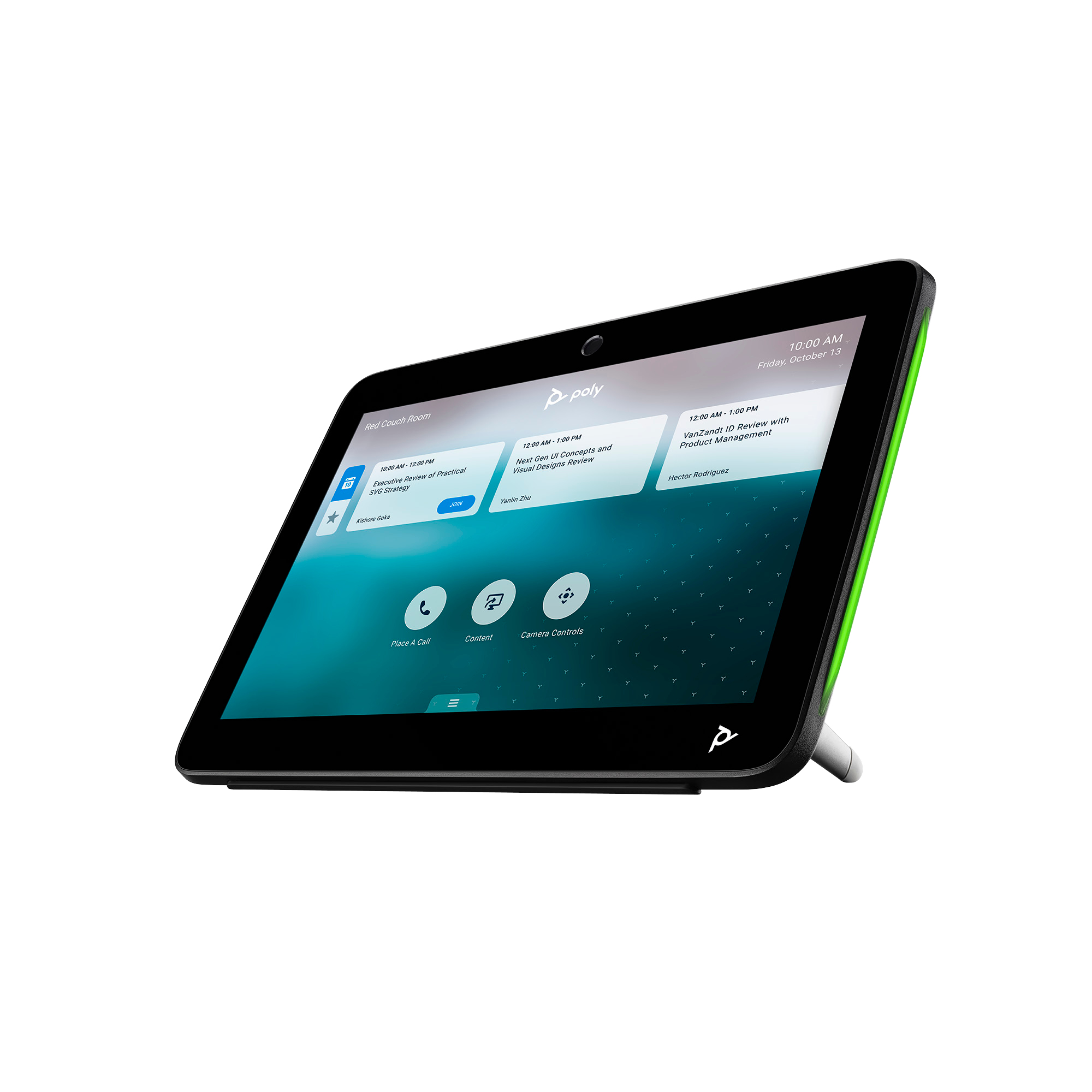 Ein schwarzes Tablet zeigt einen Besprechungsplan an. Der Bildschirm zeigt Besprechungszeiten und -themen mit einem grünen Akzent.