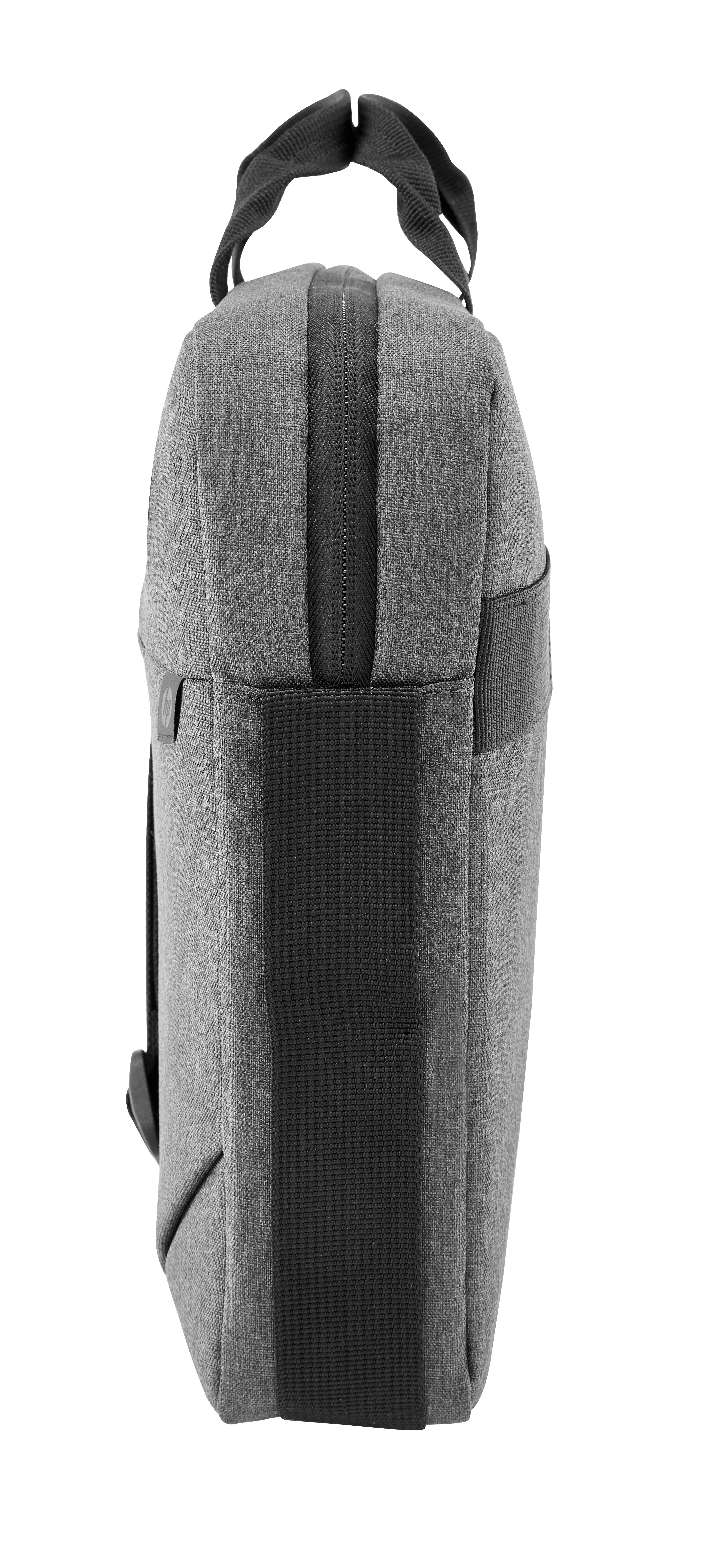 A gray backpack with a black handle and zipper, a black stripe down the back, and a black strap on the side.