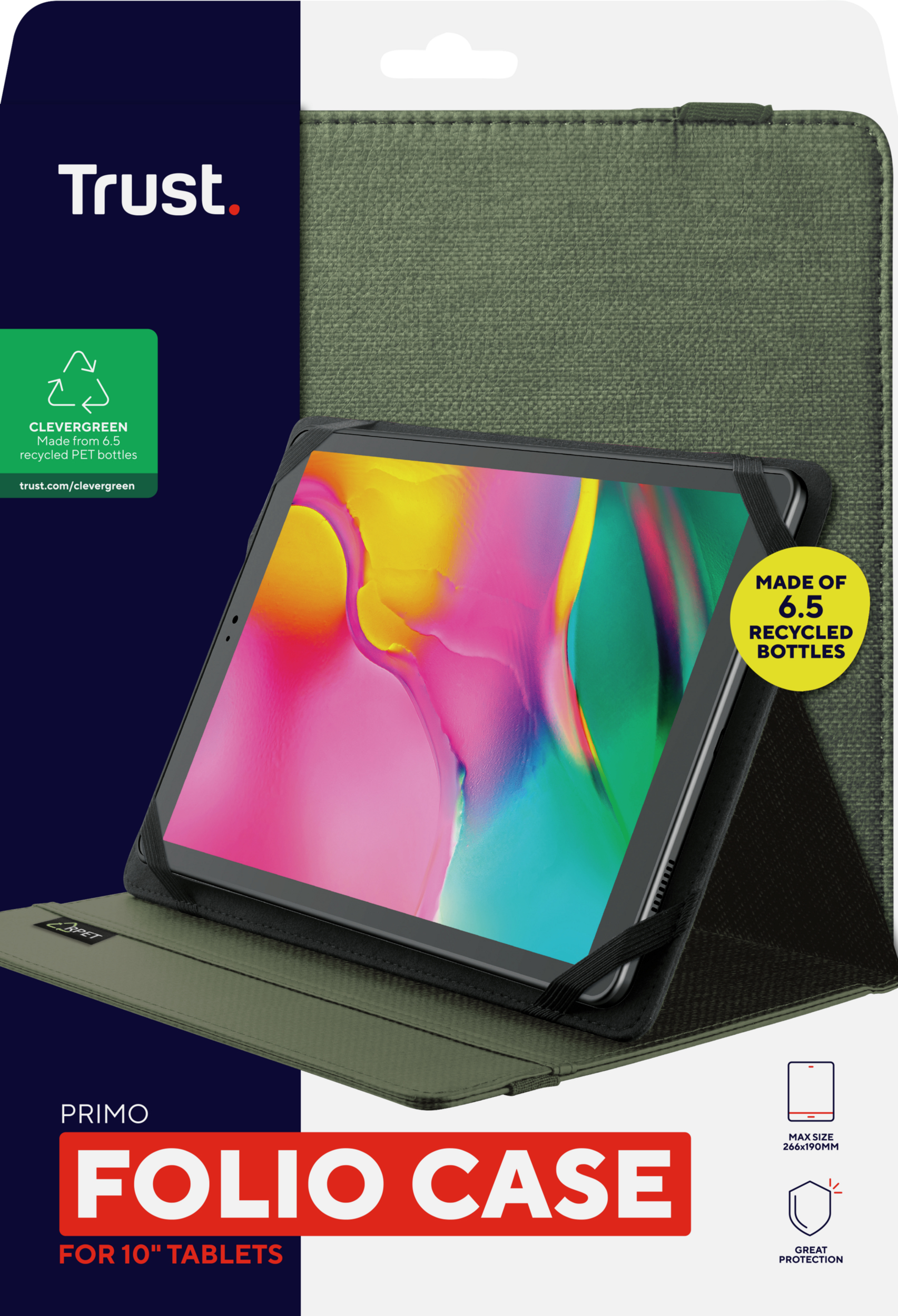 Tablet w zielonym etui folio z tekstem o materiałach z recyklingu i funkcjach ochronnych.