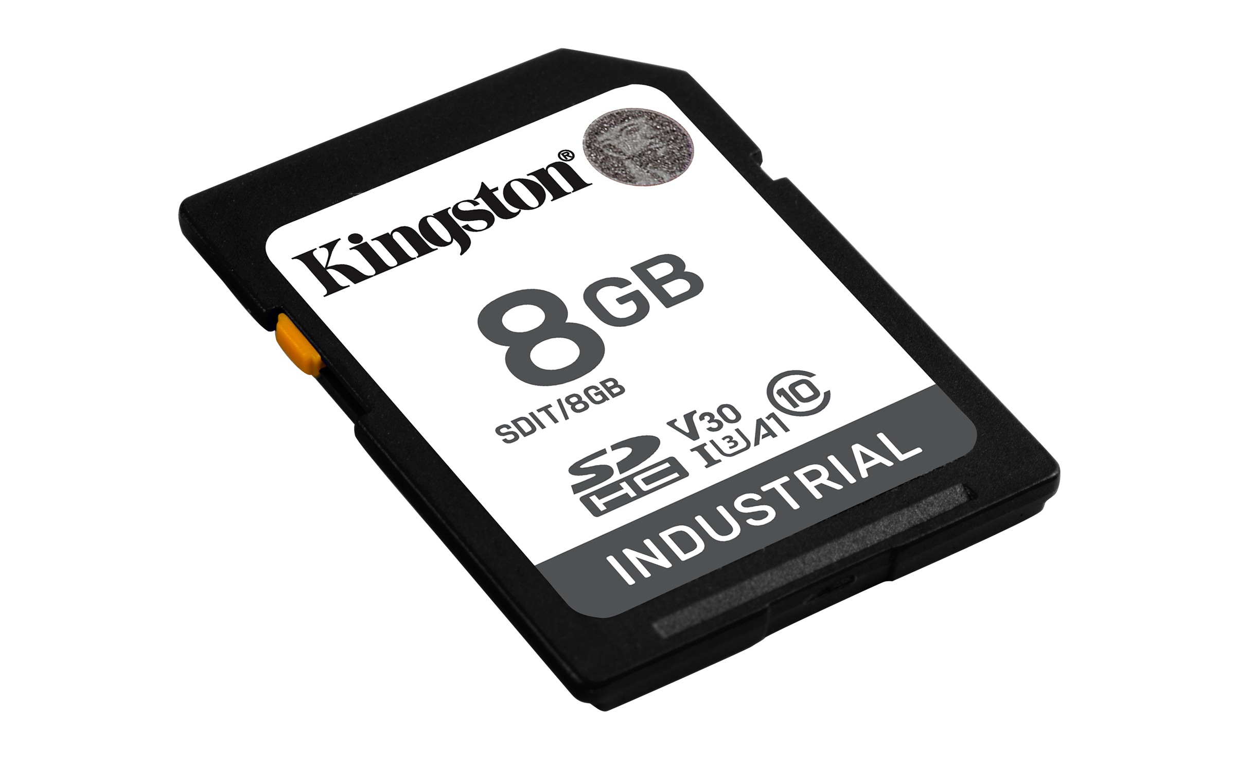Une carte SD noire Kingston de 8 Go avec texte blanc sur fond blanc. Il est écrit 'Kingston', '8 Go', 'INDUSTRIAL'.