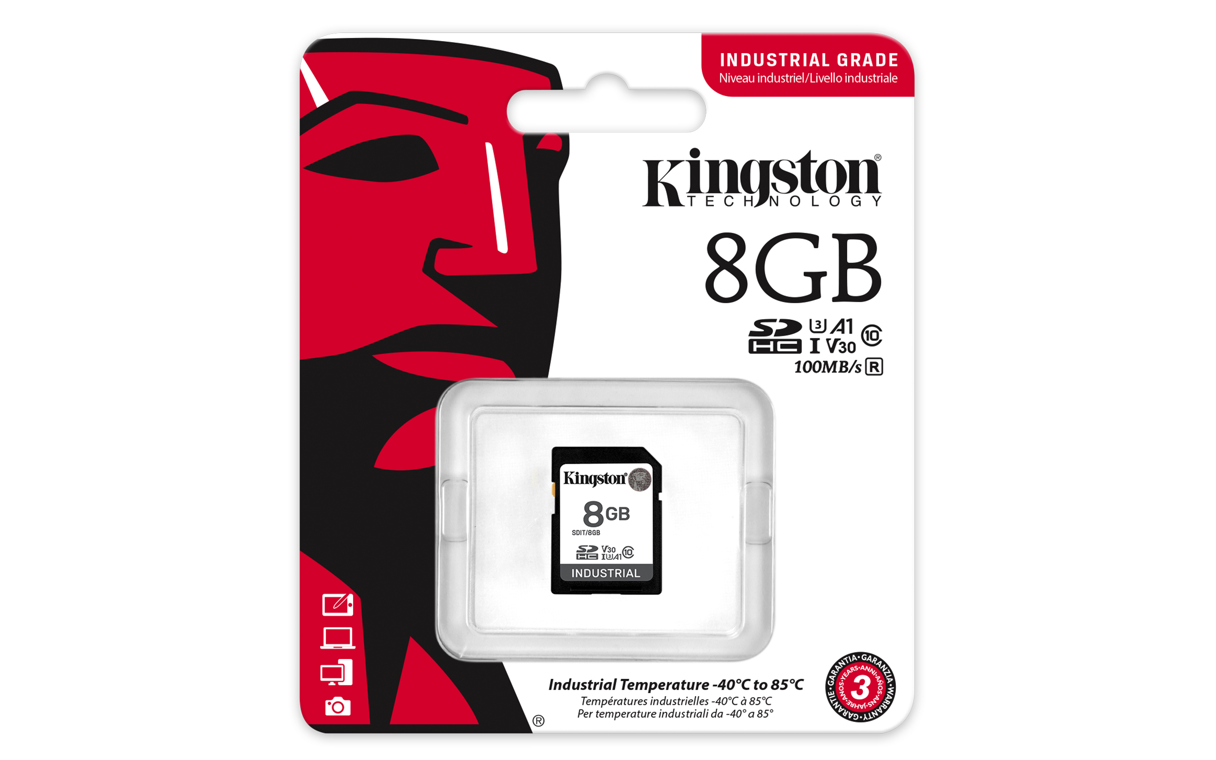 Un emballage de carte SD Kingston de 8 Go. Il a un design rouge et noir. Le texte comprend 'Kingston' et 'Industrial Grade'.