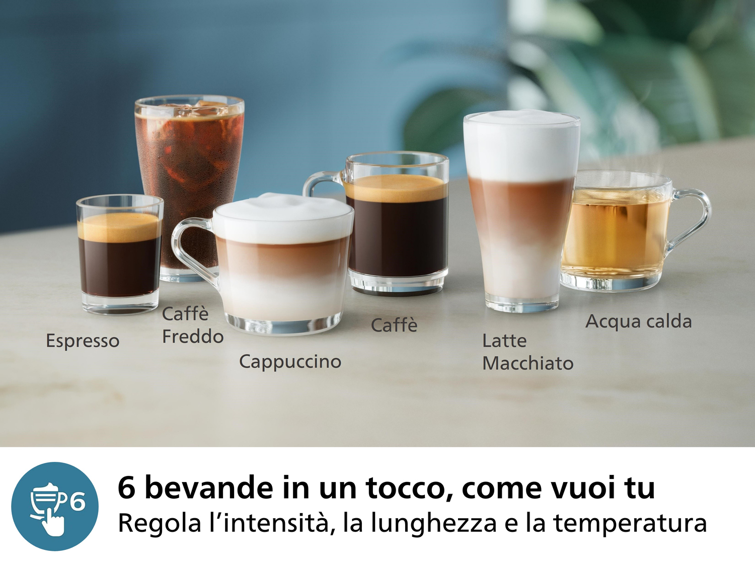 Sześć napojów kawowych w szklankach: espresso, zimna kawa, cappuccino, kawa, latte macchiato i gorąca woda. Tekst poniżej: '6 napojów'.