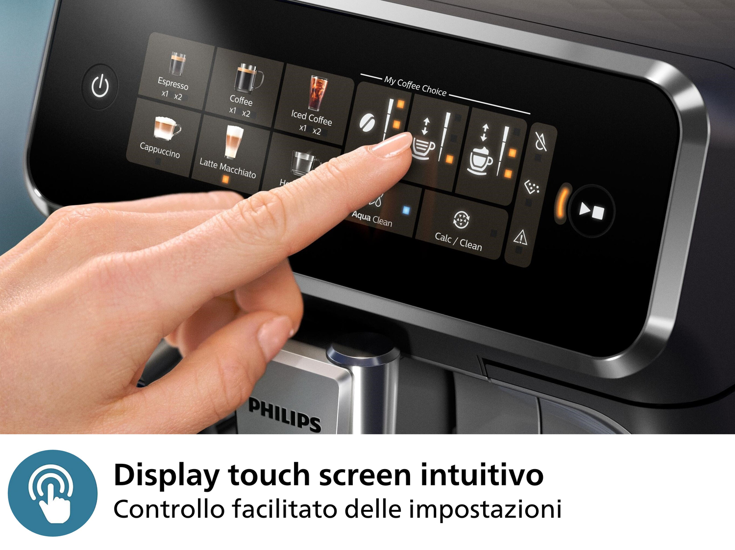 Ręka dotyka ekranu ekspresu do kawy. Widoczne są ikony opcji kawy. Logo Philips znajduje się na dole.