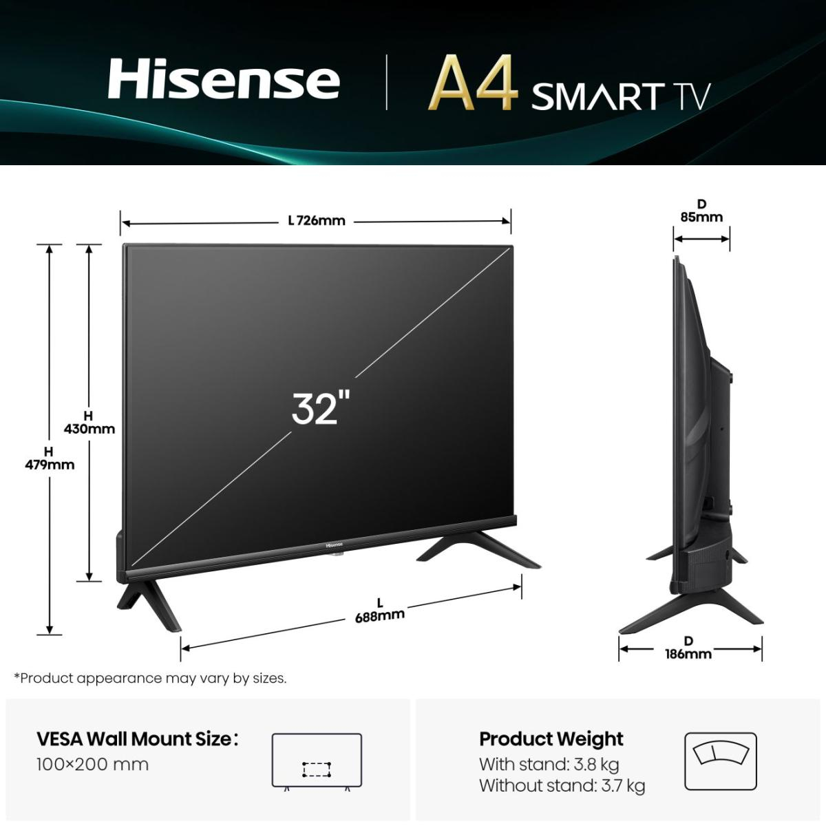 Telewizor Hisense A4 Smart TV, ekran 32 cale. Wymiary z pomiarami. Telewizor jest czarny ze stojakiem i specyfikacjami produktu.