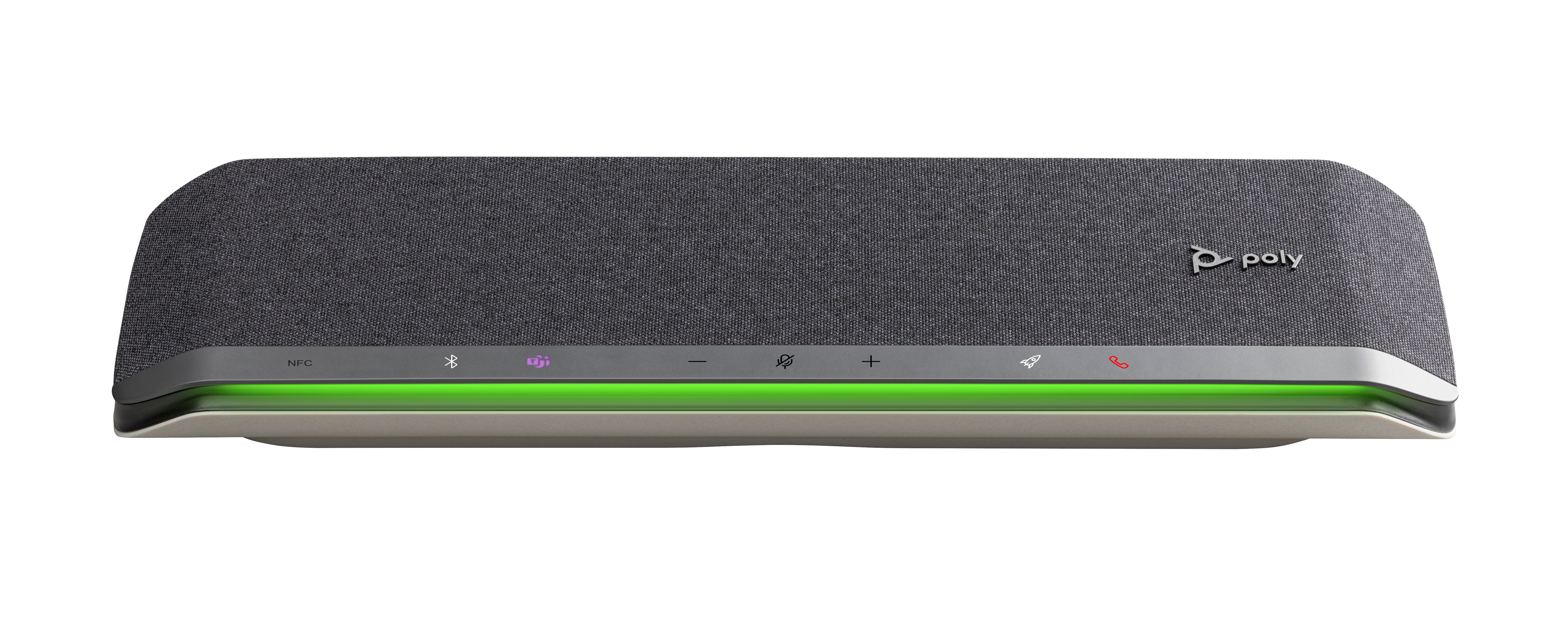 Un dispositivo altoparlante grigio con luce verde brillante e pulsanti di controllo. Il logo Poly è in alto a destra.