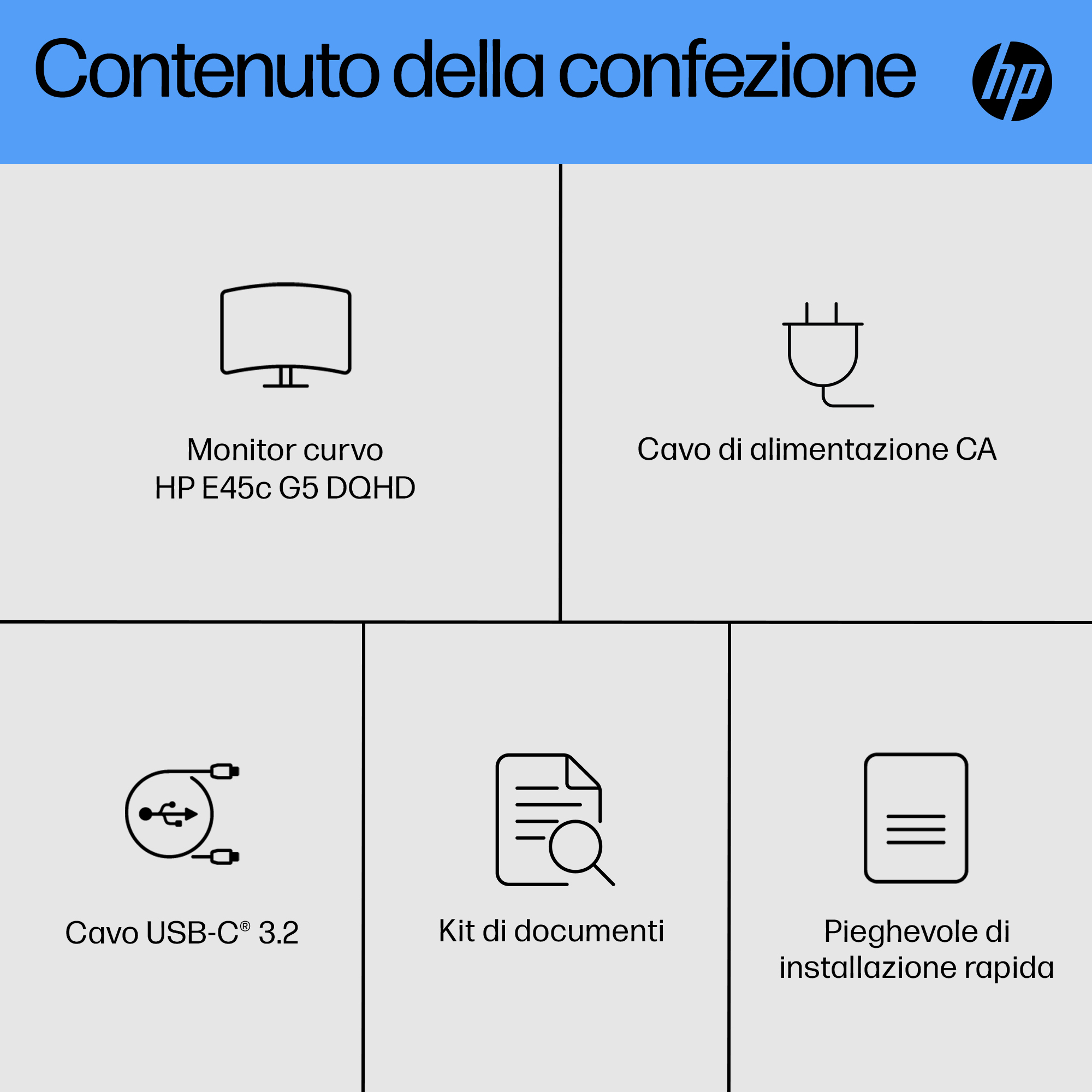Obraz przedstawia monitor, kabel zasilający, kabel USB, dokumenty i instrukcję szybkiej instalacji. To produkt HP.