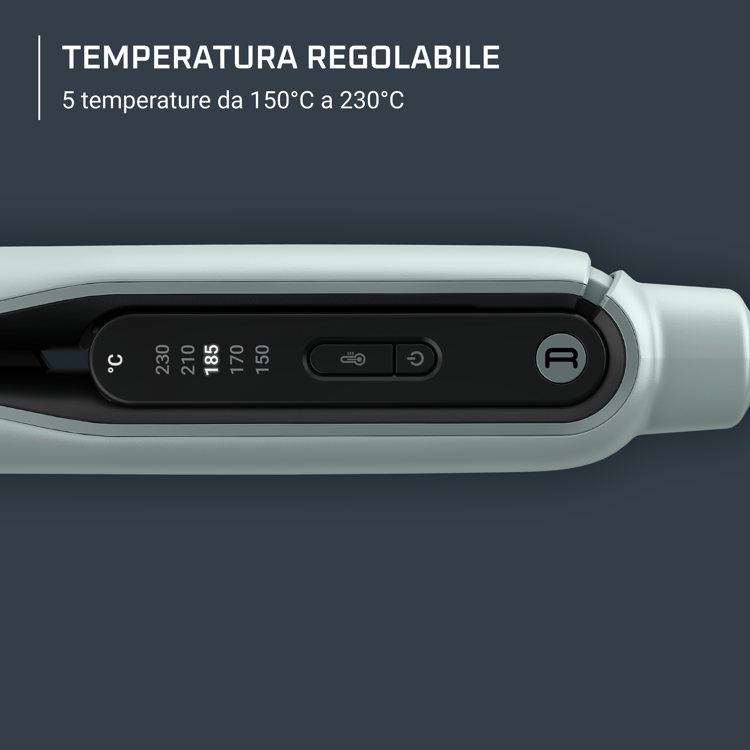 Zbliżenie prostownicy do włosów. Ma ustawienia temperatury od 150°C do 230°C.