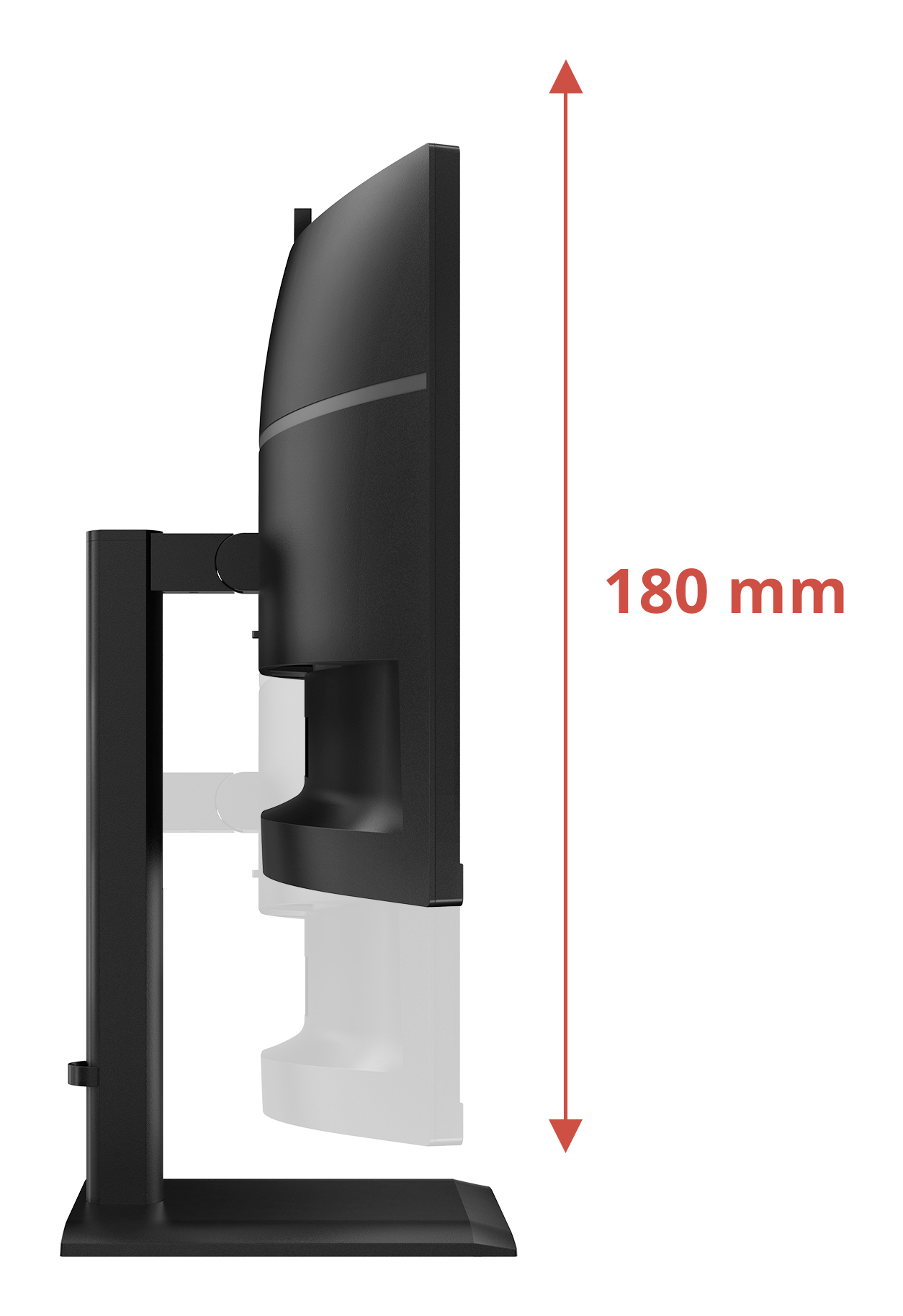 Widok z boku czarnego monitora ze stojakiem. Czerwona strzałka wskazuje wysokość 180 mm. Tło jest białe.