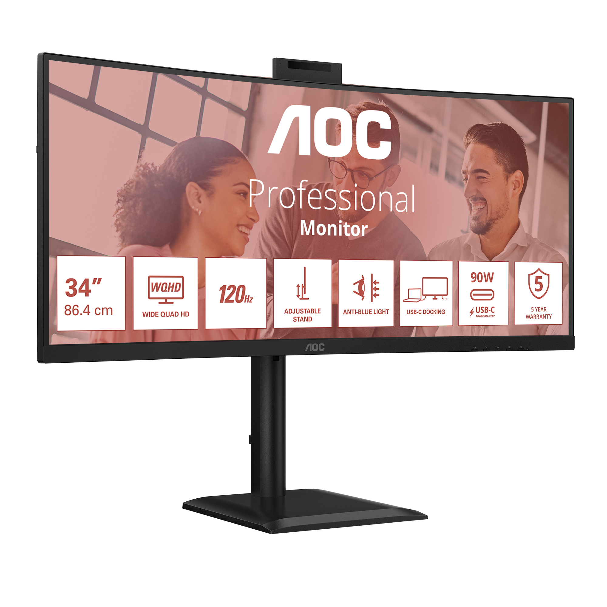 Profesjonalny monitor AOC z ludźmi w tle. Funkcje: 34", WQHD, 120Hz, regulowana podstawa, USB-C.
