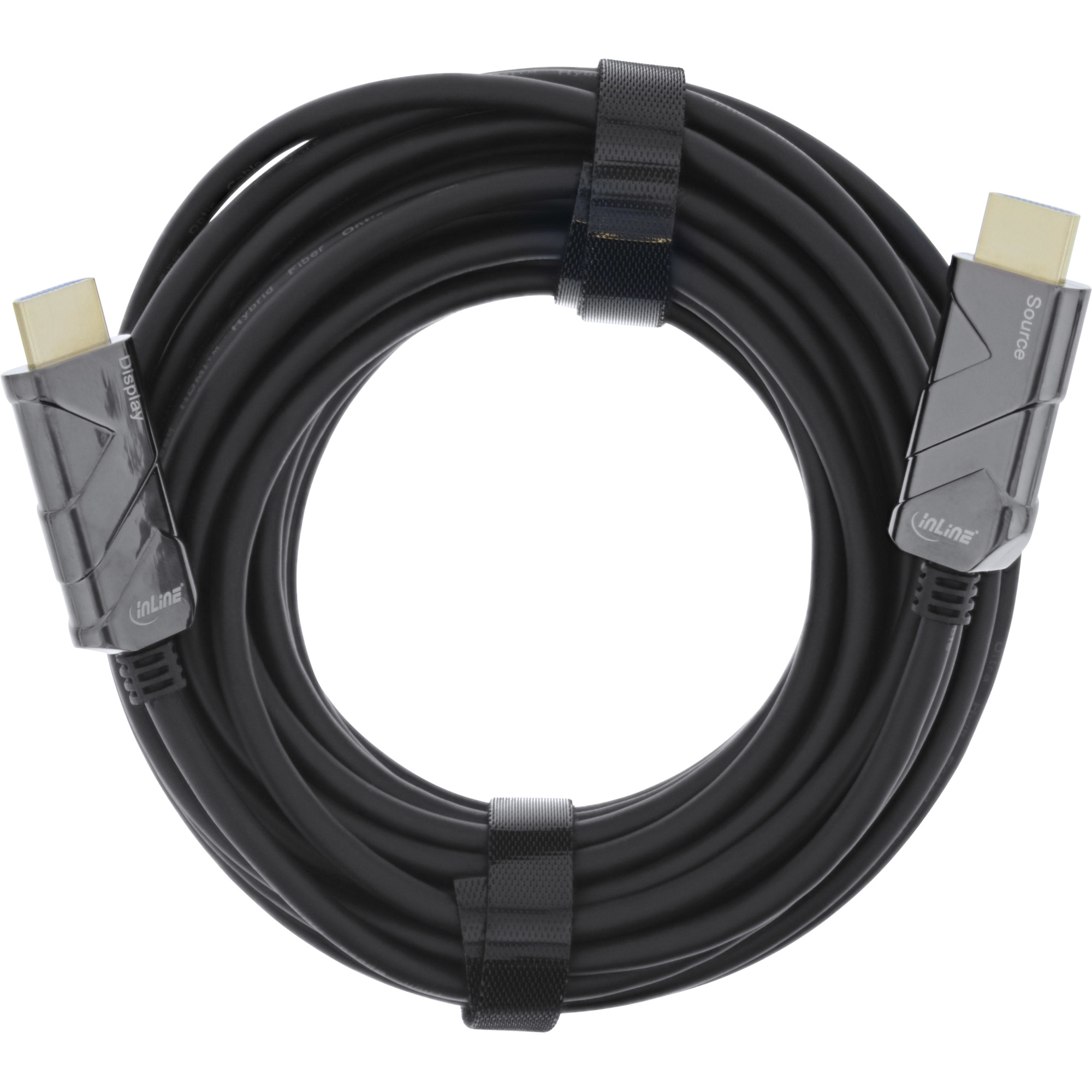 Ein gerolltes schwarzes HDMI-Kabel mit Anschlüssen mit der Bezeichnung 'Display' und 'Source', gesichert durch einen Klettverschluss, auf weißem Hintergrund.