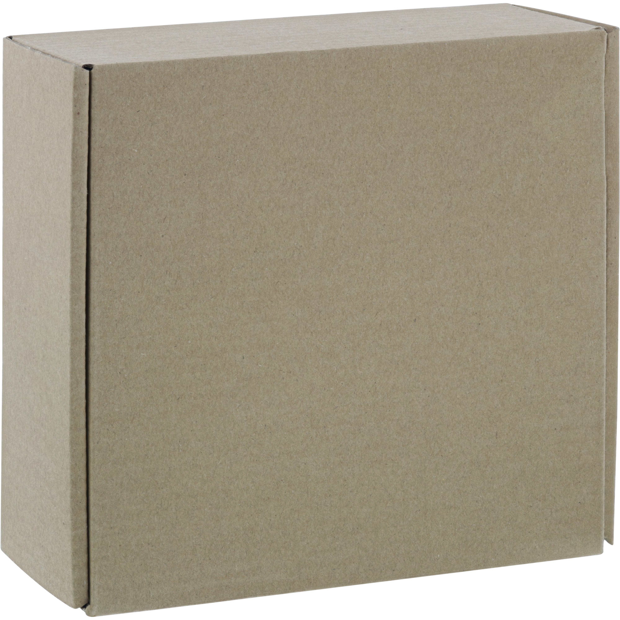 Ein geschlossener, rechteckiger Karton. Die Box ist schlicht, mit einer hellbraunen Farbe. Die Box steht auf weißem Hintergrund.