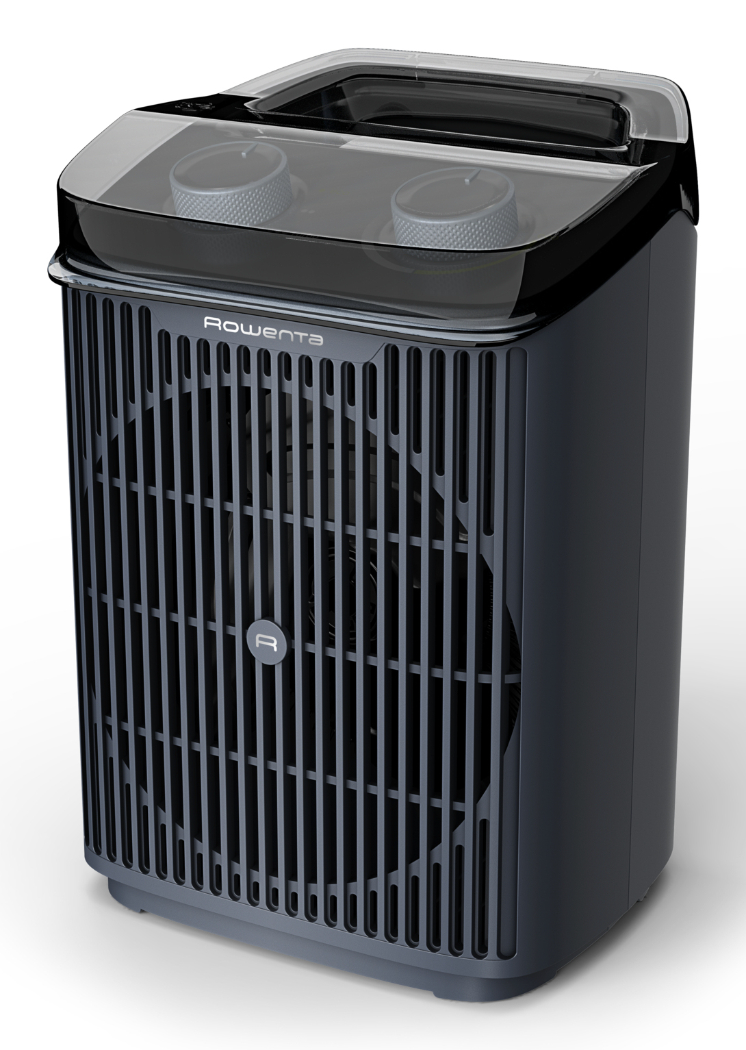 Ciemnoszary oczyszczacz powietrza z czarnym blatem i przednim grillem. Ma dwa pokrętła na górze i logo Rowenta.