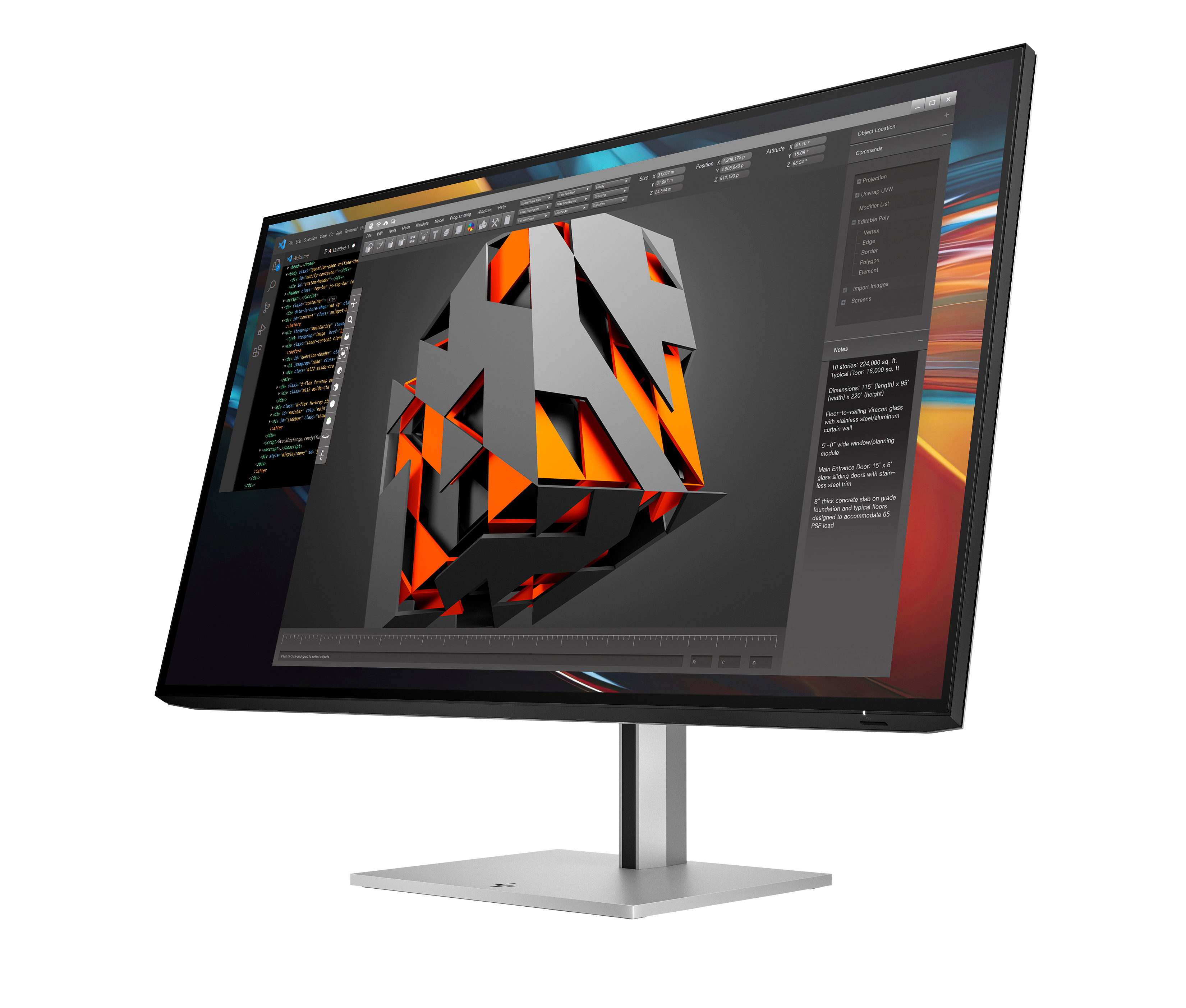 Monitor wyświetla model 3D, kod i elementy interfejsu, ze srebrną podstawą, na białym tle.