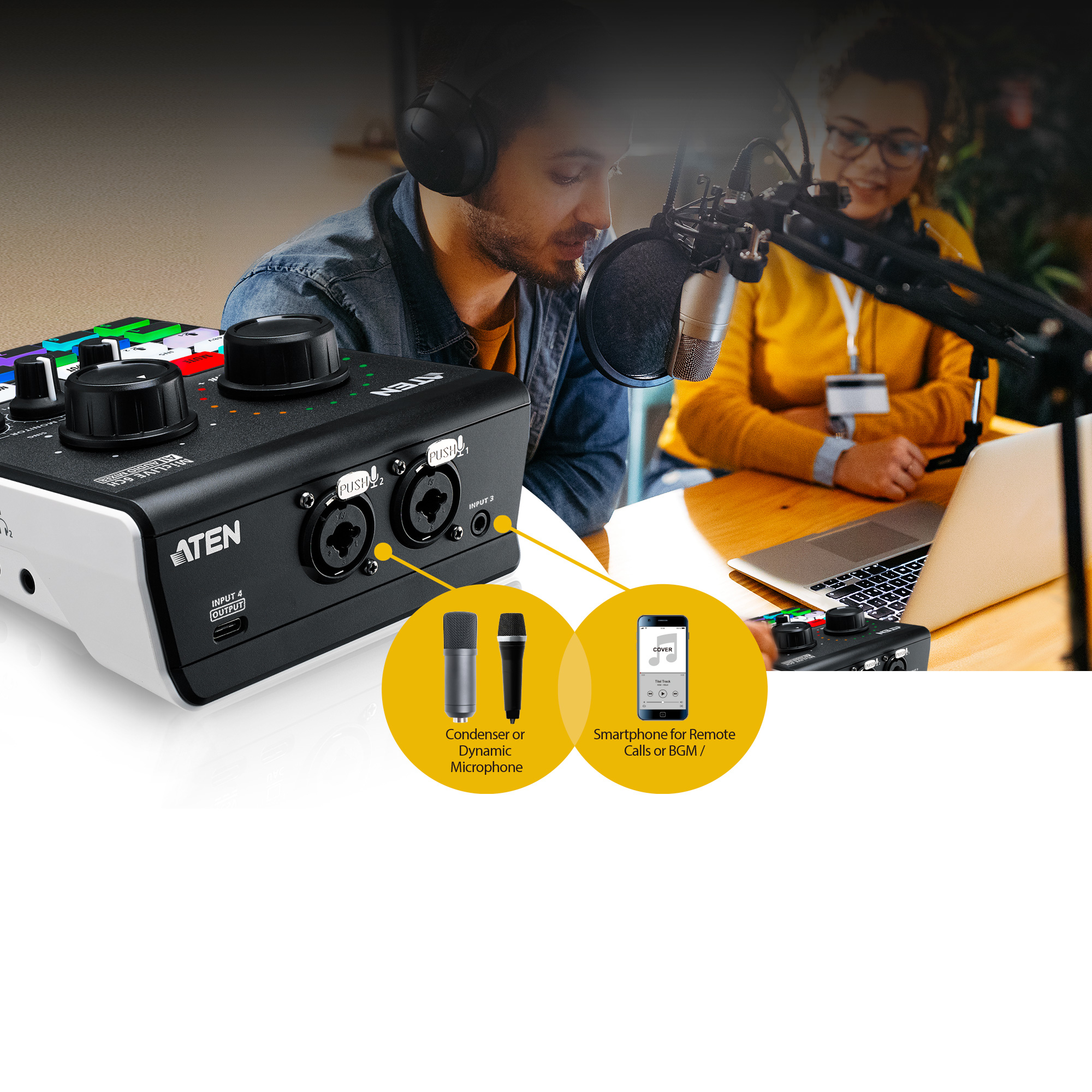 Un homme et une femme enregistrent avec des micros. Une table de mixage, des micros et un smartphone au premier plan.