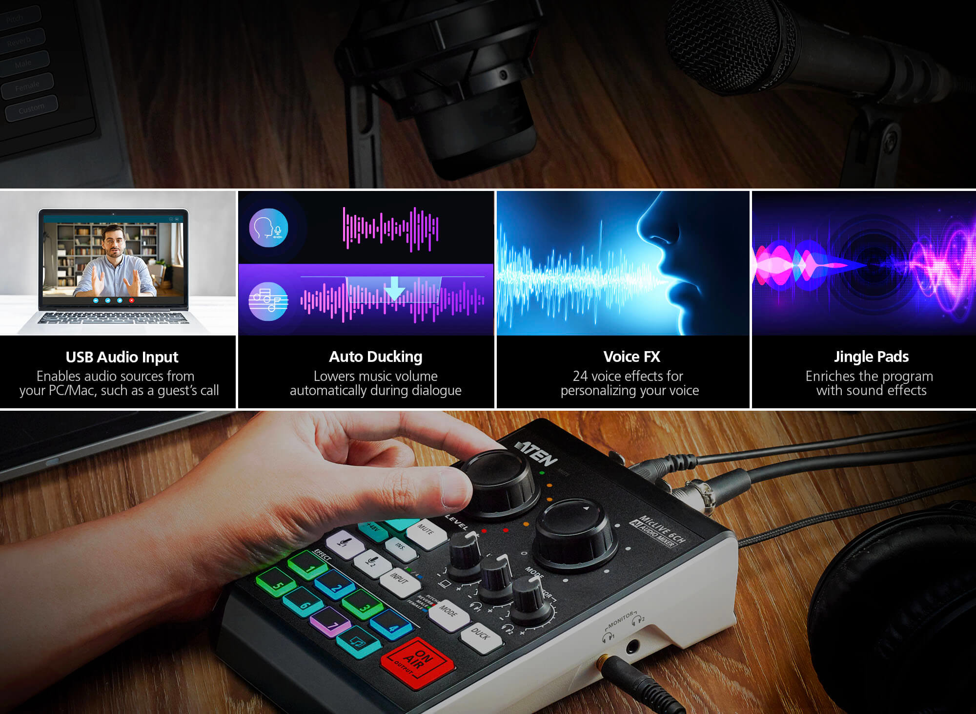 Une main ajuste une table de mixage avec divers boutons. Des graphiques montrent les fonctions audio : entrée USB, auto-ducking, effets vocaux et jingle pads.