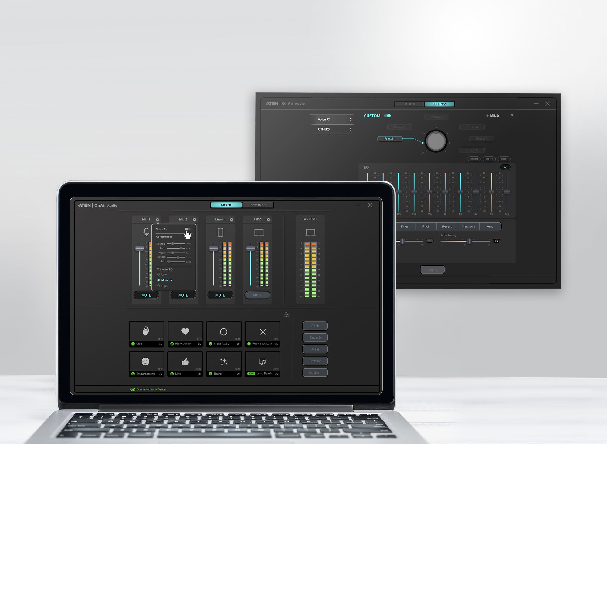 Ordinateur portable affichant l'interface d'un logiciel audio avec des options de mixeur et de réglages. Plusieurs commandes audio sont visibles.