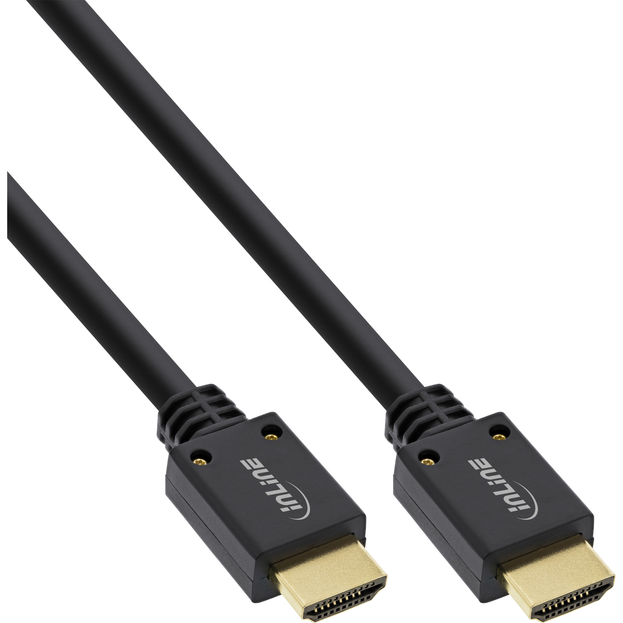 Zwei schwarze HDMI-Kabel mit goldenen Steckern vor weißem Hintergrund. Jedes Kabel hat ein 'inLine'-Logo.