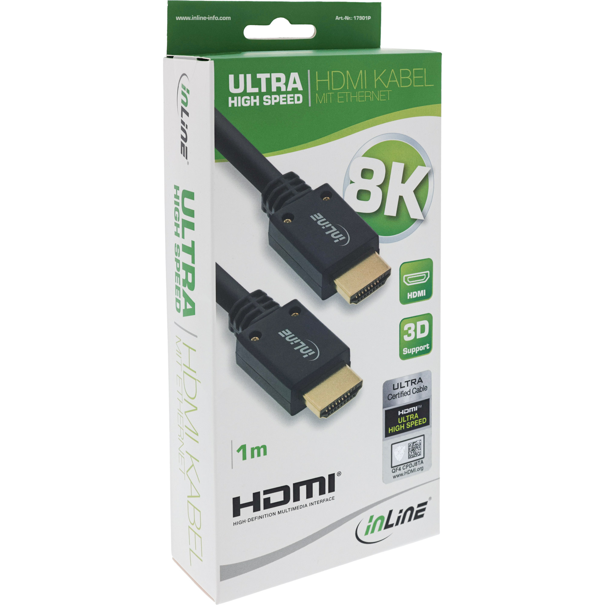Eine Schachtel mit einem HDMI-Kabel, 8K, Ultra High Speed. Schwarzes Kabel mit Goldsteckern. Die Box sagt InLine und HDMI.