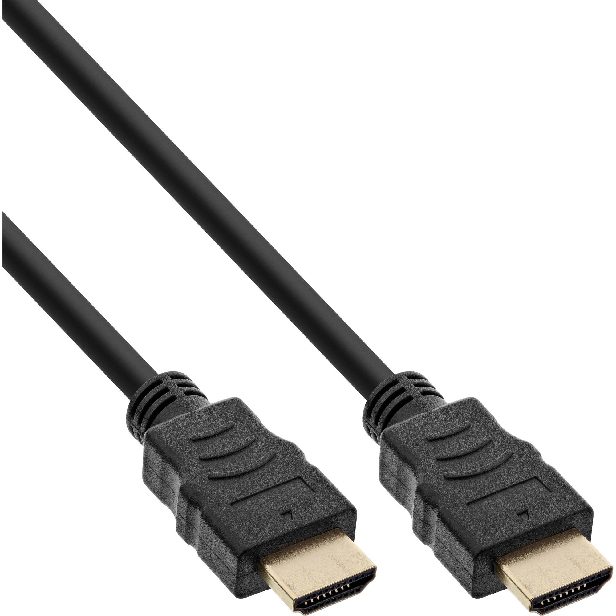 Schwarzes HDMI-Kabel mit goldenen Steckern. Das Kabel verläuft diagonal vor weißem Hintergrund.